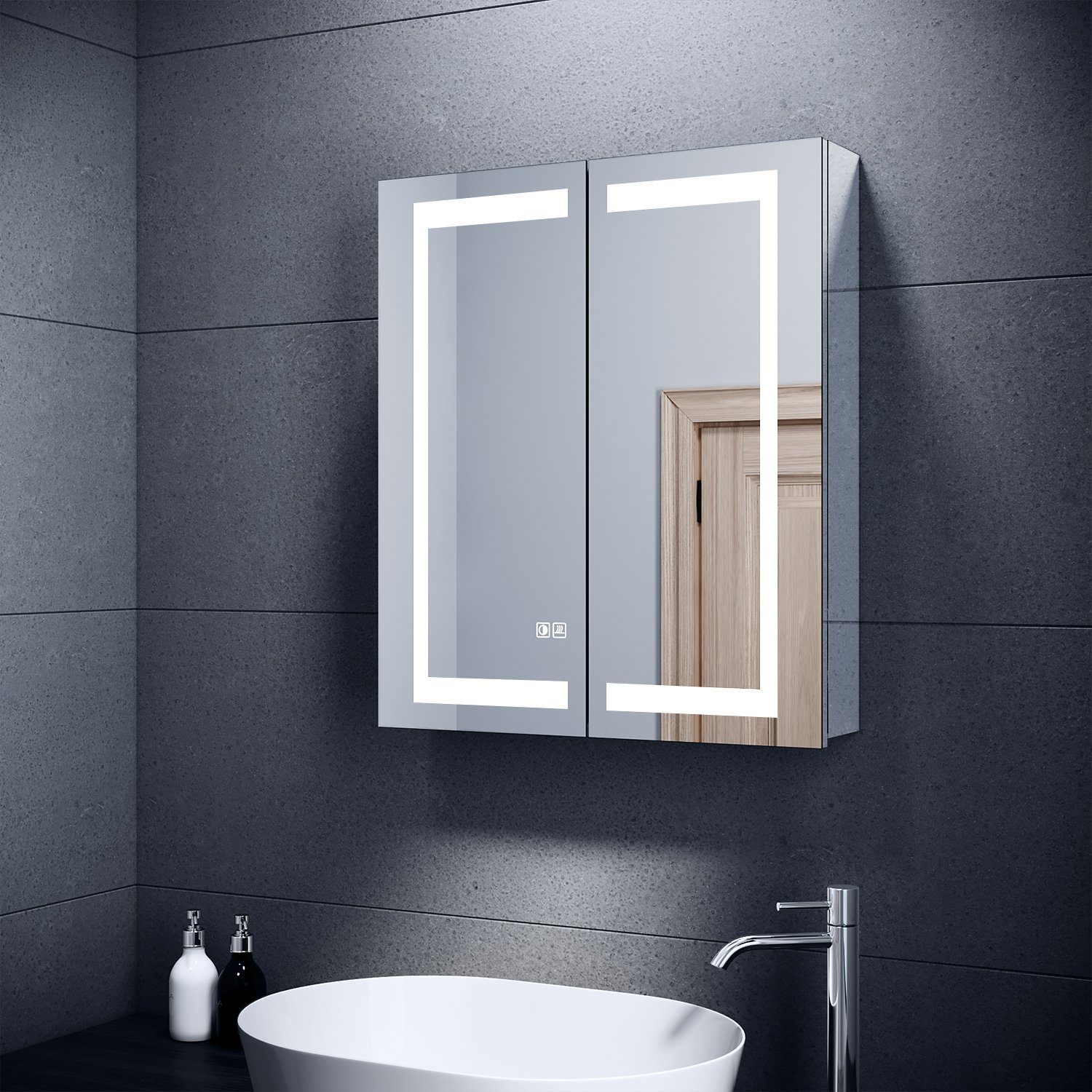 SONNI Badezimmerspiegelschrank Beschlagfrei, mit Badezimmerspiegelschrank mit Rasiersteckdose, 60x70x13 Spiegelschrank Touch-Schalter, Edelstahl cm LED-Beleuchtung