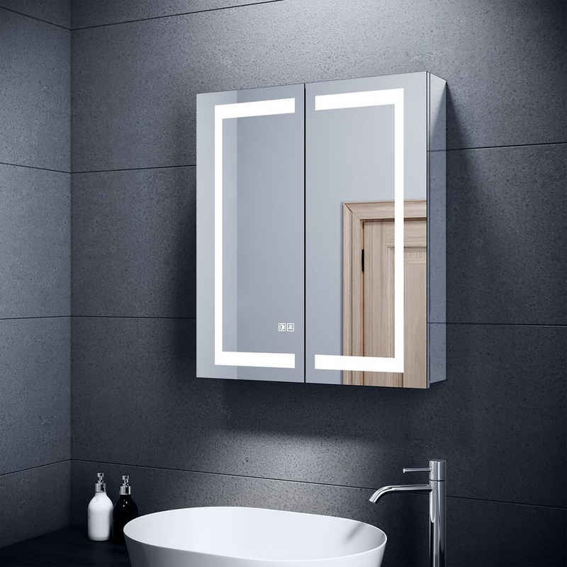 SONNI Badezimmerspiegelschrank Edelstahl Badezimmerspiegelschrank mit LED-Beleuchtung 60x70x13 cm mit Beschlagfrei, Rasiersteckdose, Touch-Schalter, Spiegelschrank