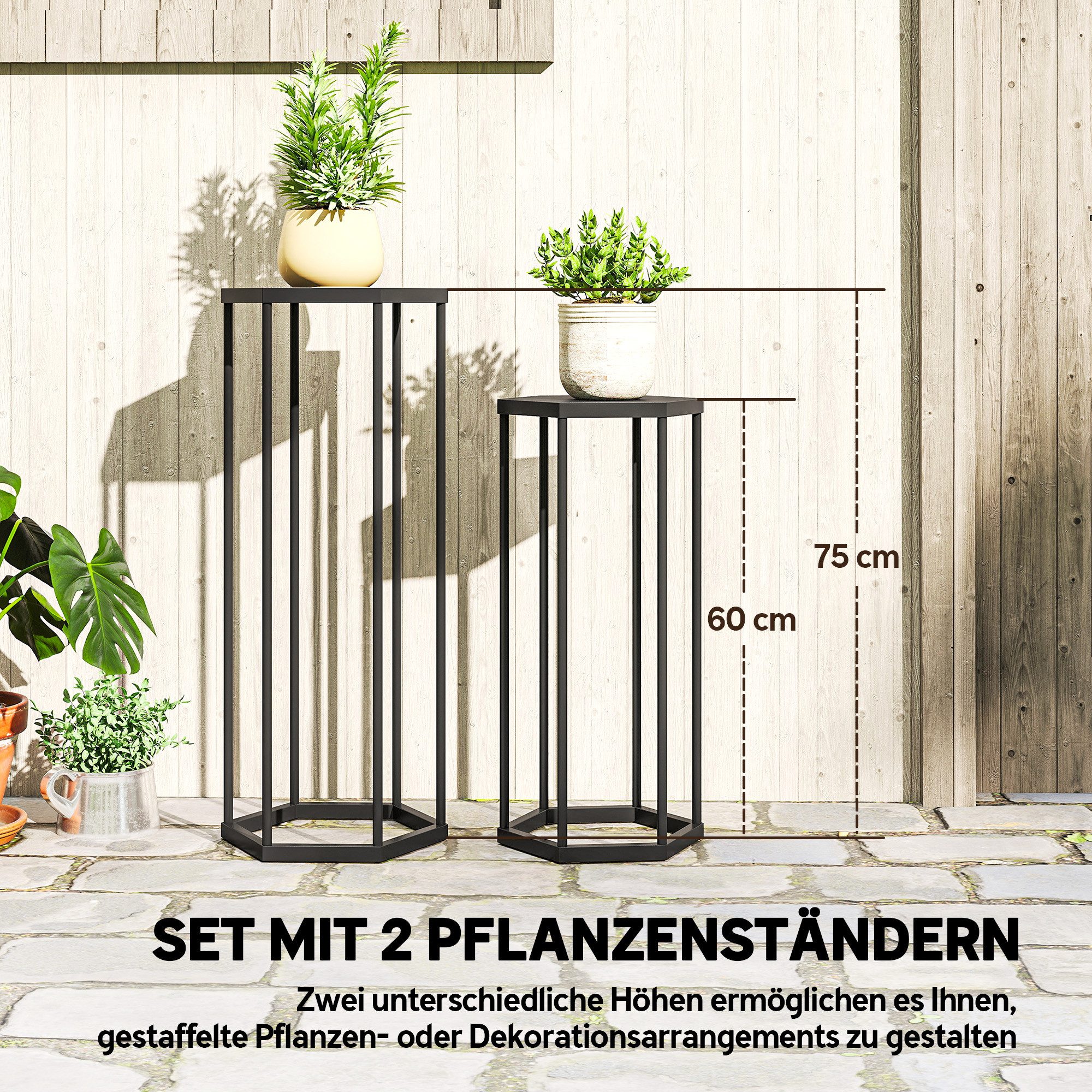 furnicato Pflanzentreppe Pflanzenständer Set Schwarz 75x27x31 cm und 60x25x28 cm (1 St), Rostgeschützter Blumenhocker mit hexagonalem Design für den Balkon