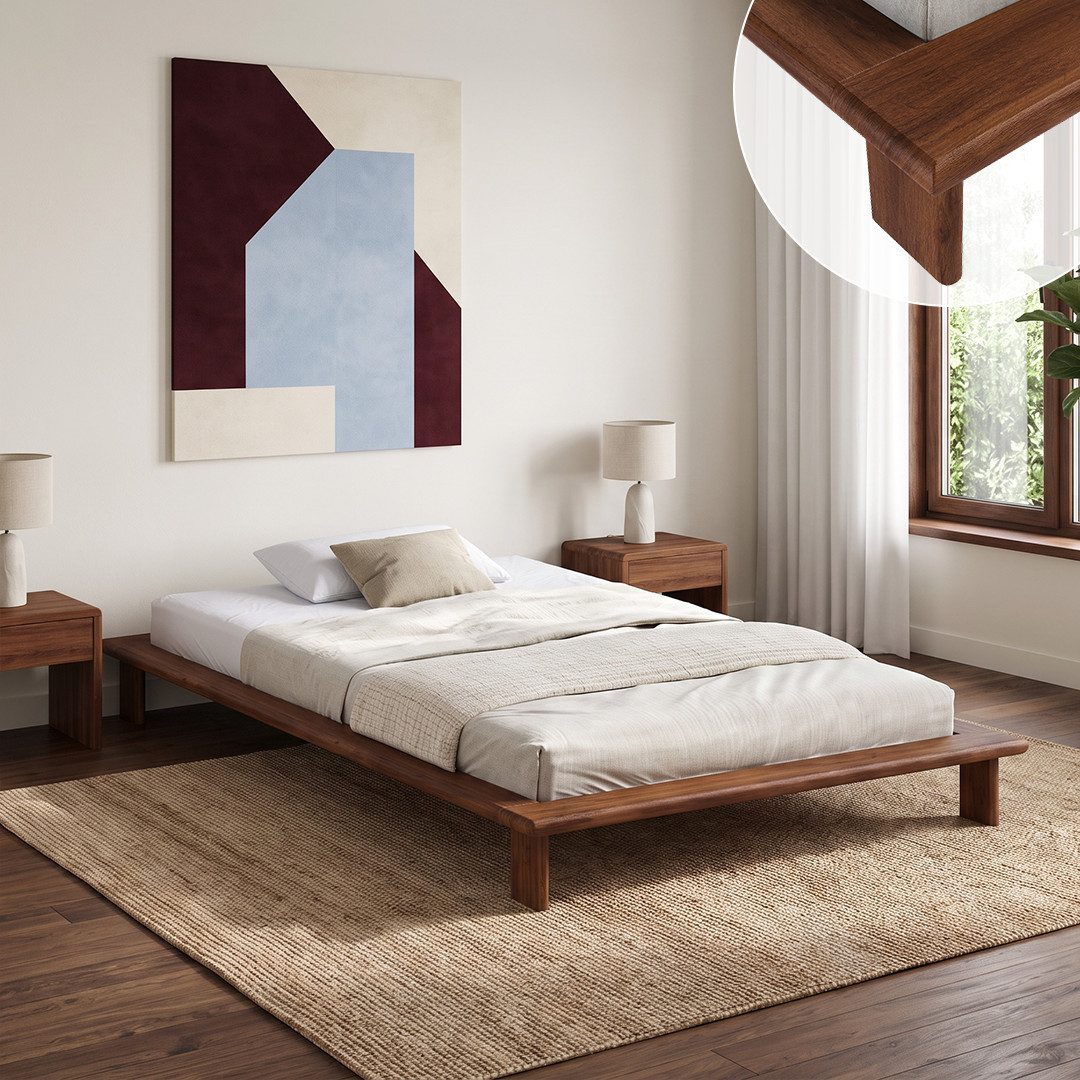 skølm Futonbett Skald aus Massivholz Eiche, Holzbett 25 cm hoch (Walnussoptik, 120x200 cm), Massivholzbett lackiert, Doppelbett in 140/160/180x200 cm verfügbar