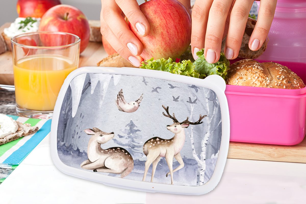 MuchoWow Lunchbox (2-tlg), - Brotdose - Mädchen, Vögel Winter - Kunststoff, Snackbox, rosa Schnee, Kinder, Erwachsene, Brotbox Hirsche für Kunststoff