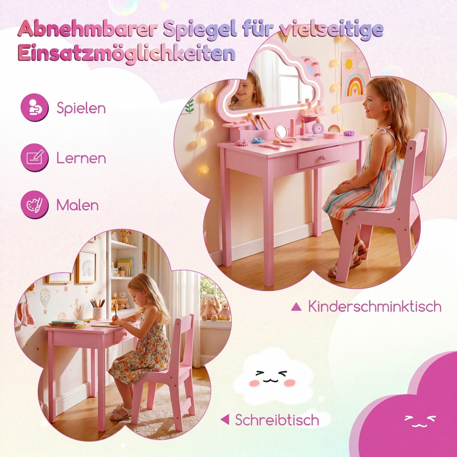 COSTWAY Schminktisch, Frisiertisch mit Stuhl für Mädchen ab 3 Jahren