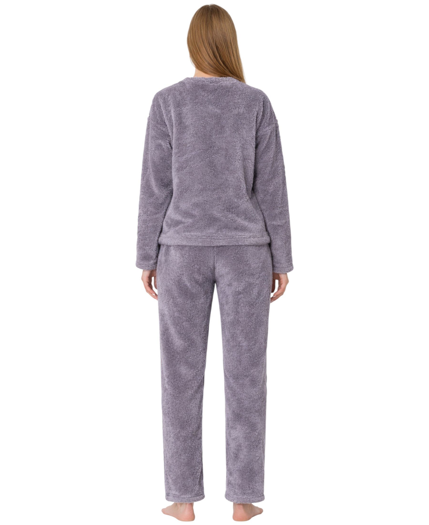 fashionshowcase Hausanzug Damen Winter Pyjama Set aus Plüsch, weicher Zweiteiler (Zweiteiliges Set (Langarmshirt und Hose) Kuscheliger Plüschstoff, modernes Design mit Schriftzug