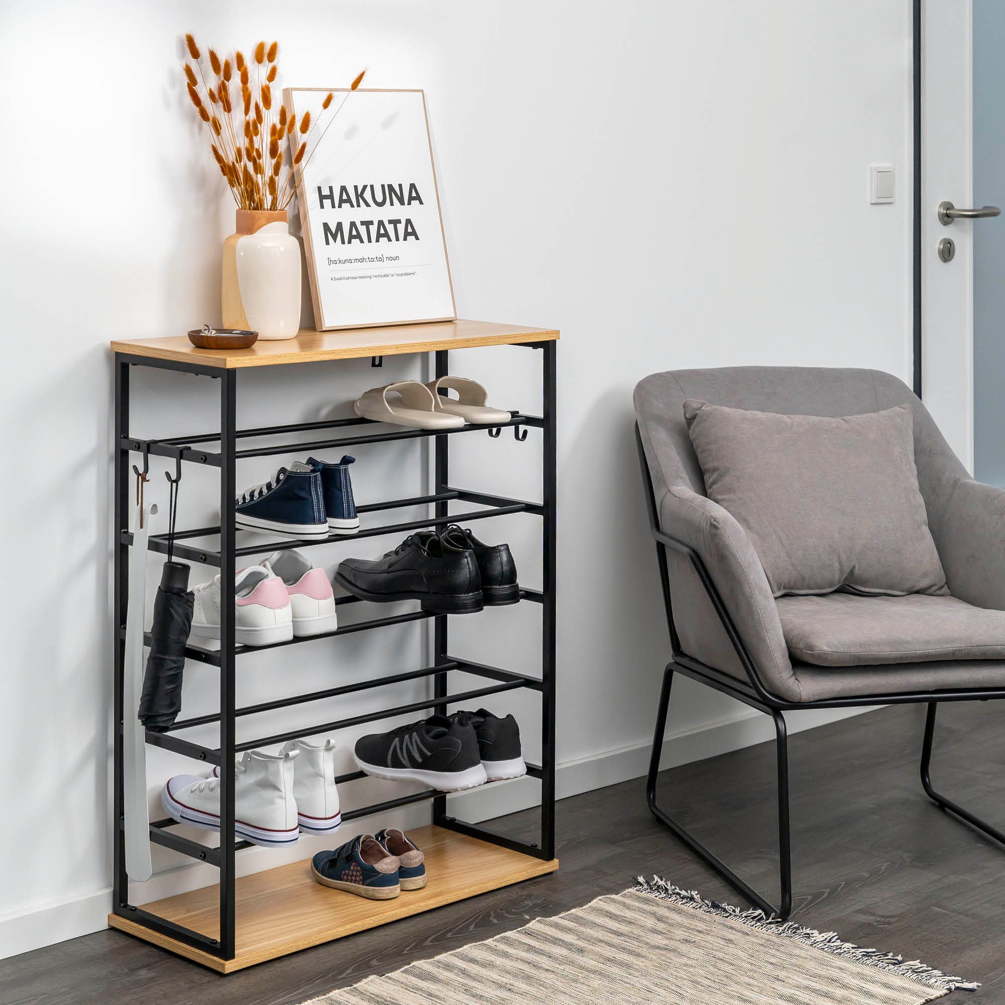 eluno Schuhregal für max. 18 Paar Schuhe, 2 Holzablagen, 4 Haken günstig online kaufen