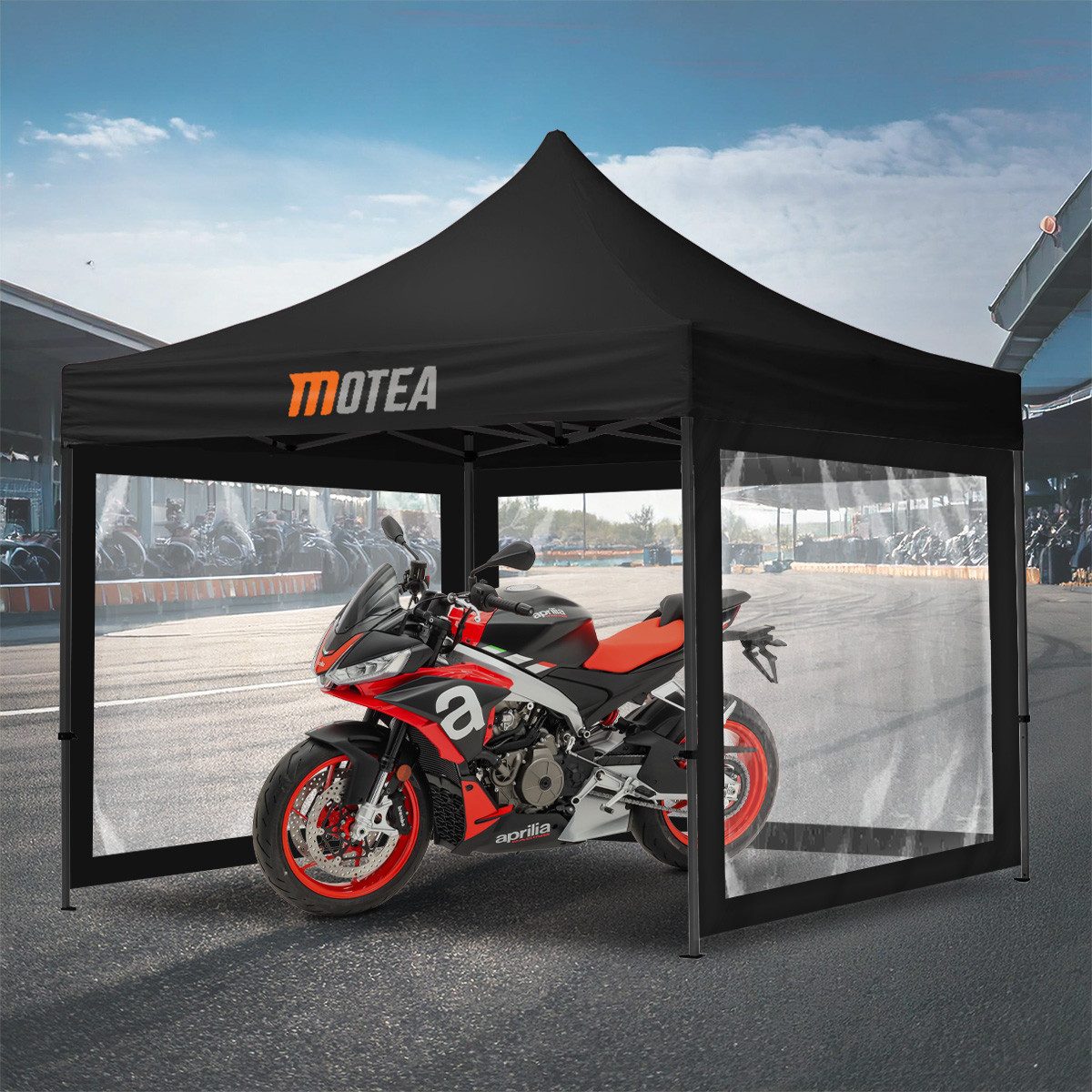 Tourtecs Bikerzelt Rennzelt mit 4 Seitenwänden 3x3m transparent faltbar für die Rennstrec