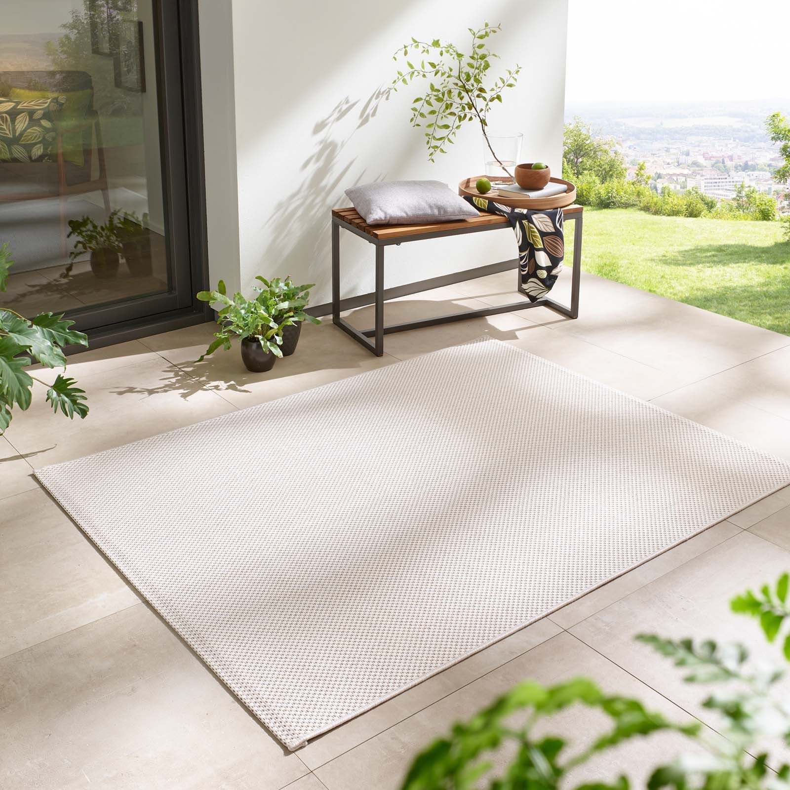 TaraCarpet Teppich Regina Teppich aus robustem Flachgewebe für In und Outdoor, rechteckig, Höhe: 7 mm, Küche Wohnzimmer Terrasse Garten Balkon uni creme 140x200