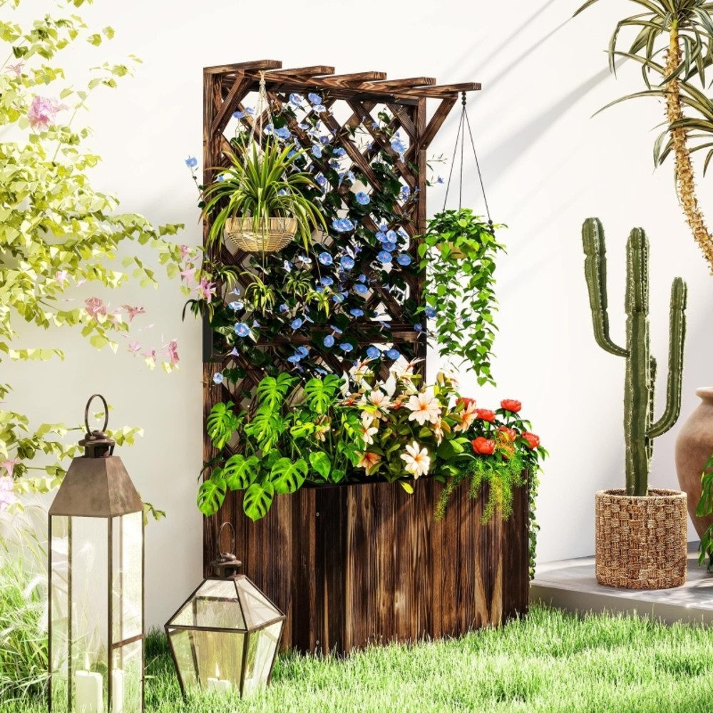 CHICFURN Hochbeet Pflanzkasten aus Holz mit Rankgitter (Packung, 1 St., Spalier-Pflanzkübel für Kletterpflanzen im Garten), Verkohlte Optik, 64 x 33 x 122cm