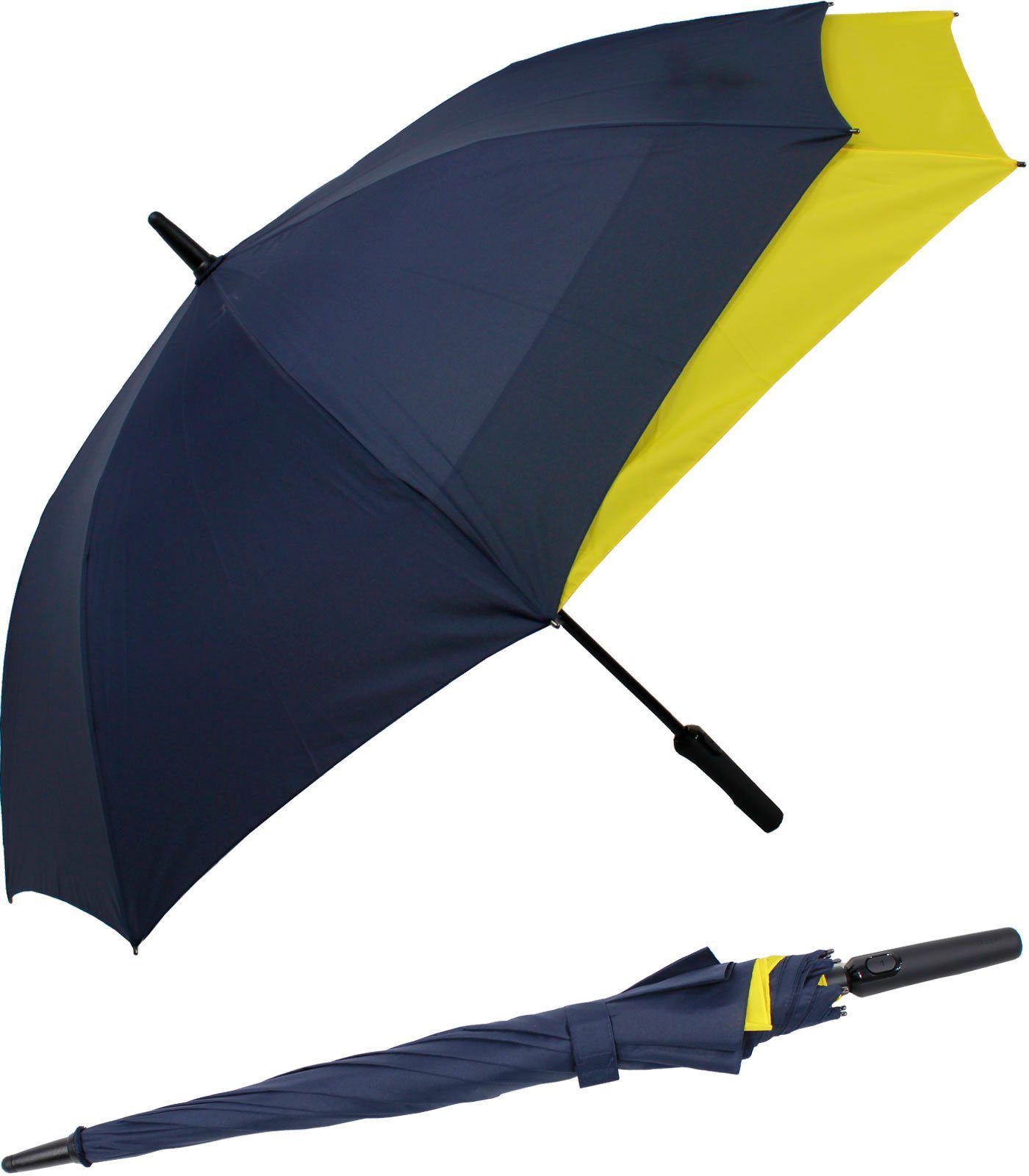 doppler® Langregenschirm Fiberglas mit Auf-Automatik - Move to XL, vergrößert sich beim Öffnen für mehr Schutz vor Regen navyblau-gelb
