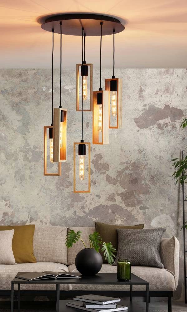 EGLO Hängeleuchte LITTLETON Hängelampe,Vintage, Stahl und Holz, IP20, Pendellampe, Lampe, ohne Leuchtmittel, Pendelleuchte, Esstisch, L150 cm x Ø50 cm, schwarz, braun, 6X40W exkl.