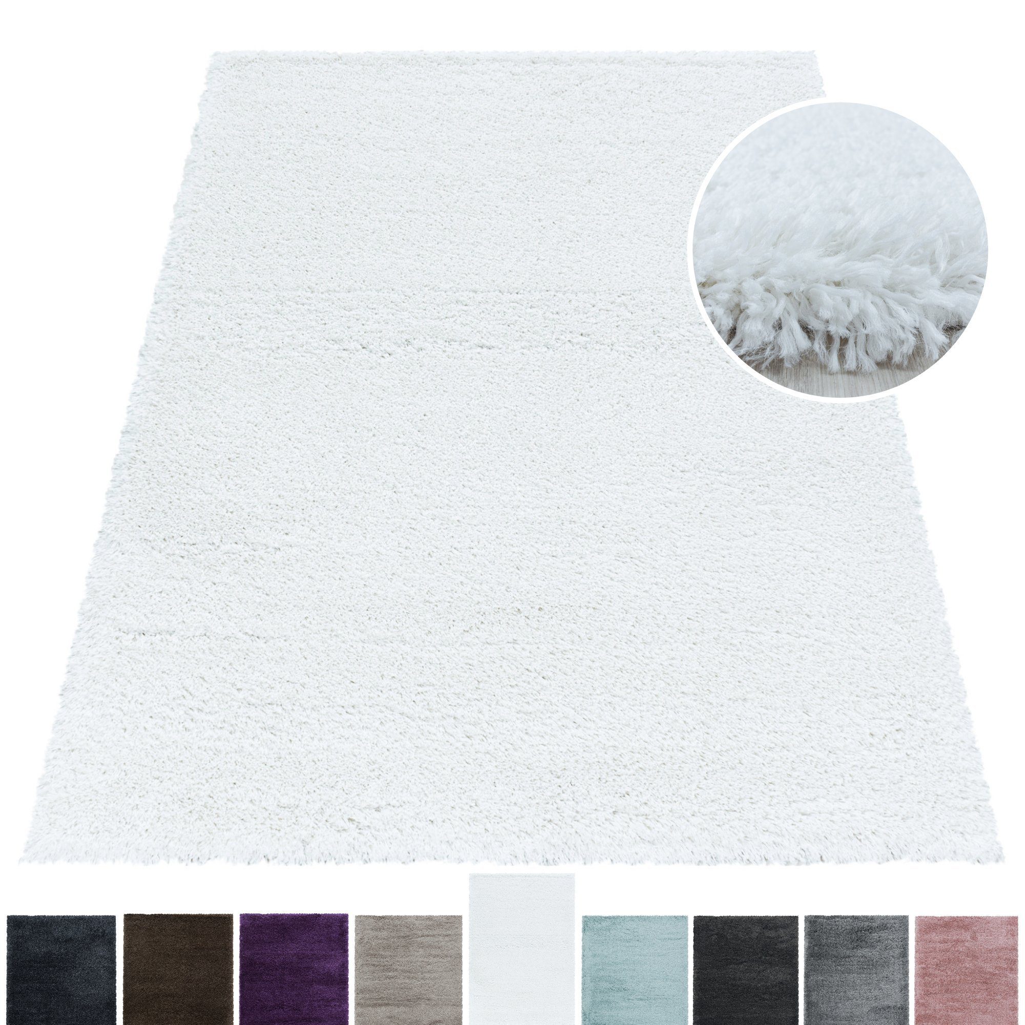 Hochflor-Teppich Teppich Hochflorteppich Shaggy Unifarben kuschelig Wohnzimmer, Miovani, Rechteckig, Höhe: 50 mm Weiß