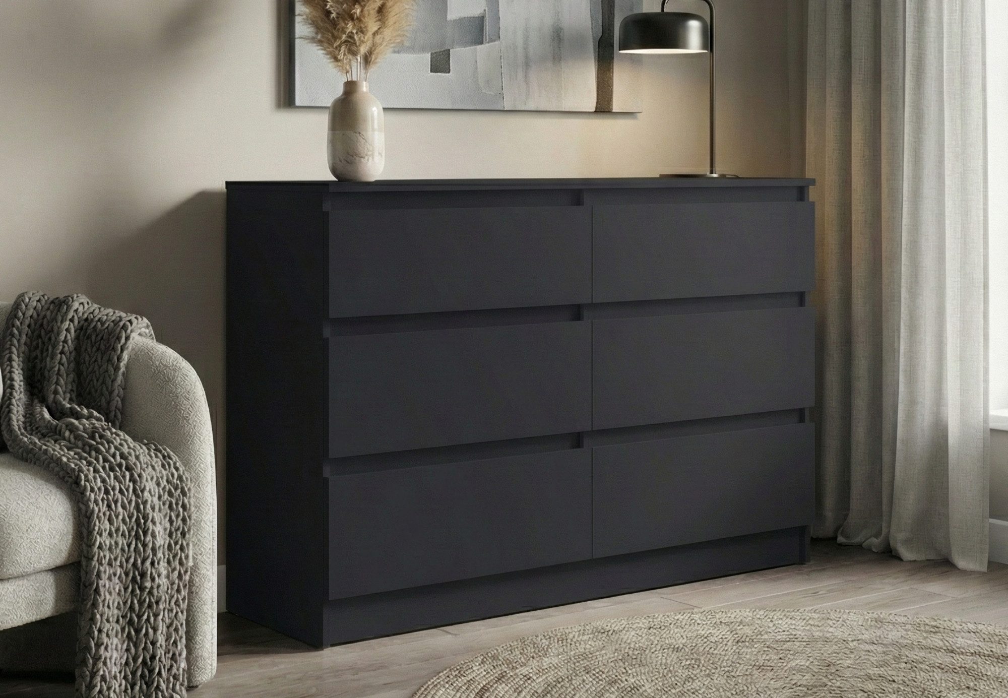 Home Collective Kommode mit 6 Schubladen 95, 120, 140 cm breit Holz Schrank (Highboard Anrichte Schlafzimmer Wohnzimmer Flur Büro Organizer), Kommode 120 cm breit Kommode Sideboard, Anthrazit