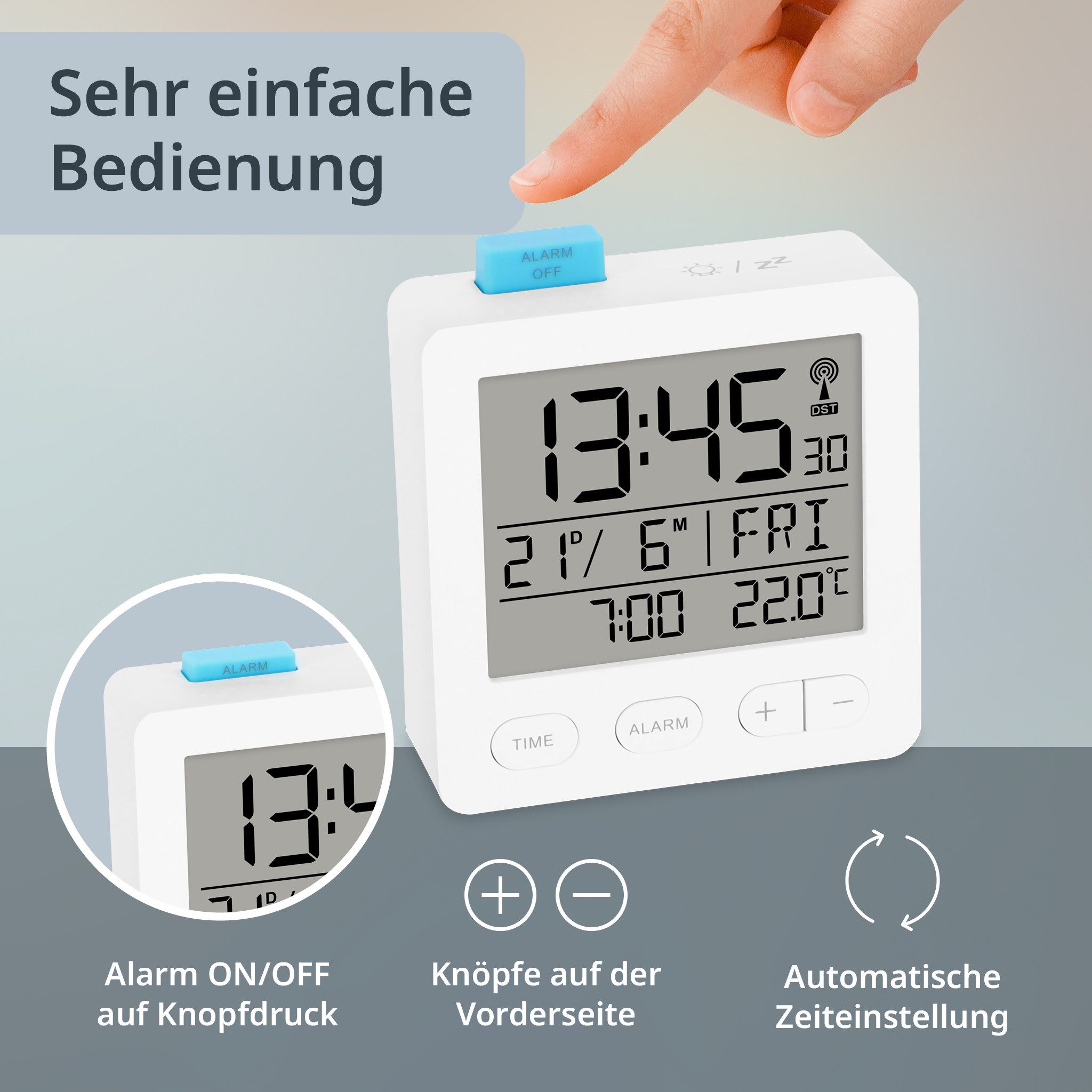 ADE Funkwecker mit Thermometer und Kalender Tasten auf der Vorderseite, Alarmknopf oben