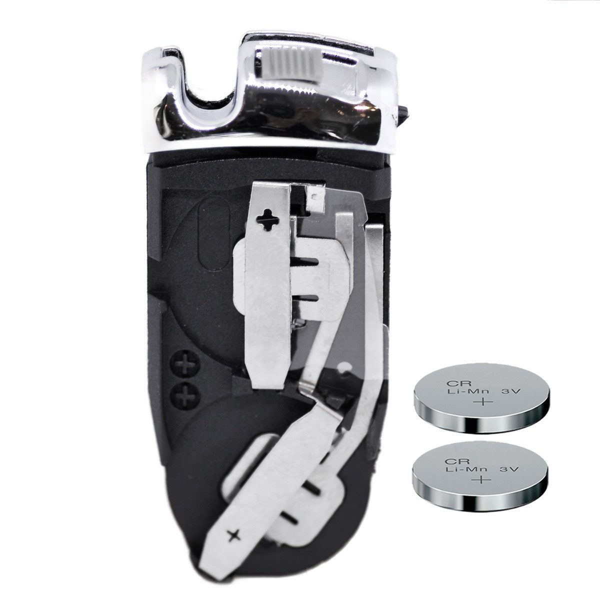 mt-key Auto Schlüssel Batteriehalter Reparatur Set + 2X passende CR2025 Knopfzelle, CR2025 (3 V), für Mercedes Benz Chrom Funk Fernbedienung
