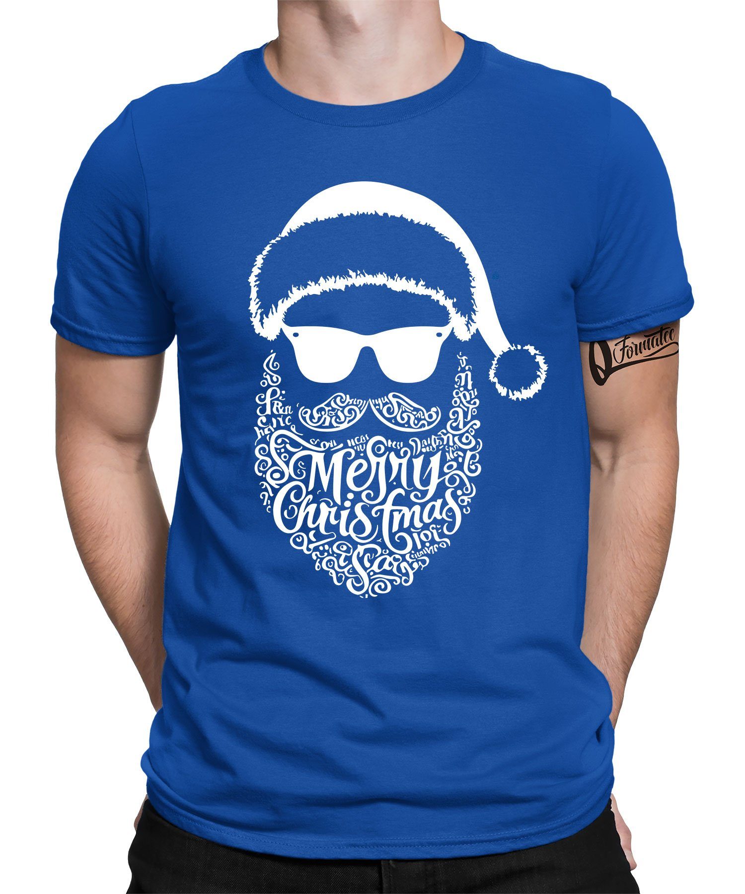(1-tlg) Formatee Nikolaus Weihnachten - Kurzarmshirt Blau Christmas Weihnachtsmann Merry Weihnachtsgesche Quattro