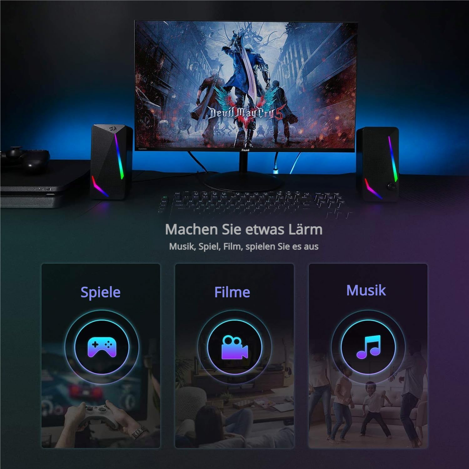 Redragon GS510 2.0 Kanal Lautsprecher schwarz Lautsprecher 2.0 Kanal (5 W, 3.5mm + USB Anschluss + RGB LED (4 Beleuchtungsmodi) – Bild 4 von 5