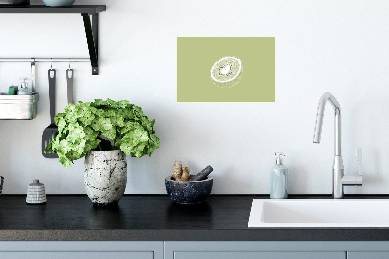 MuchoWow Wandsticker Kiwi - Strichzeichnung - Minimalistisch - Grün (1 St), Wandtattoo, Selbstklebend, Wohnzimmer, 30x20 cm