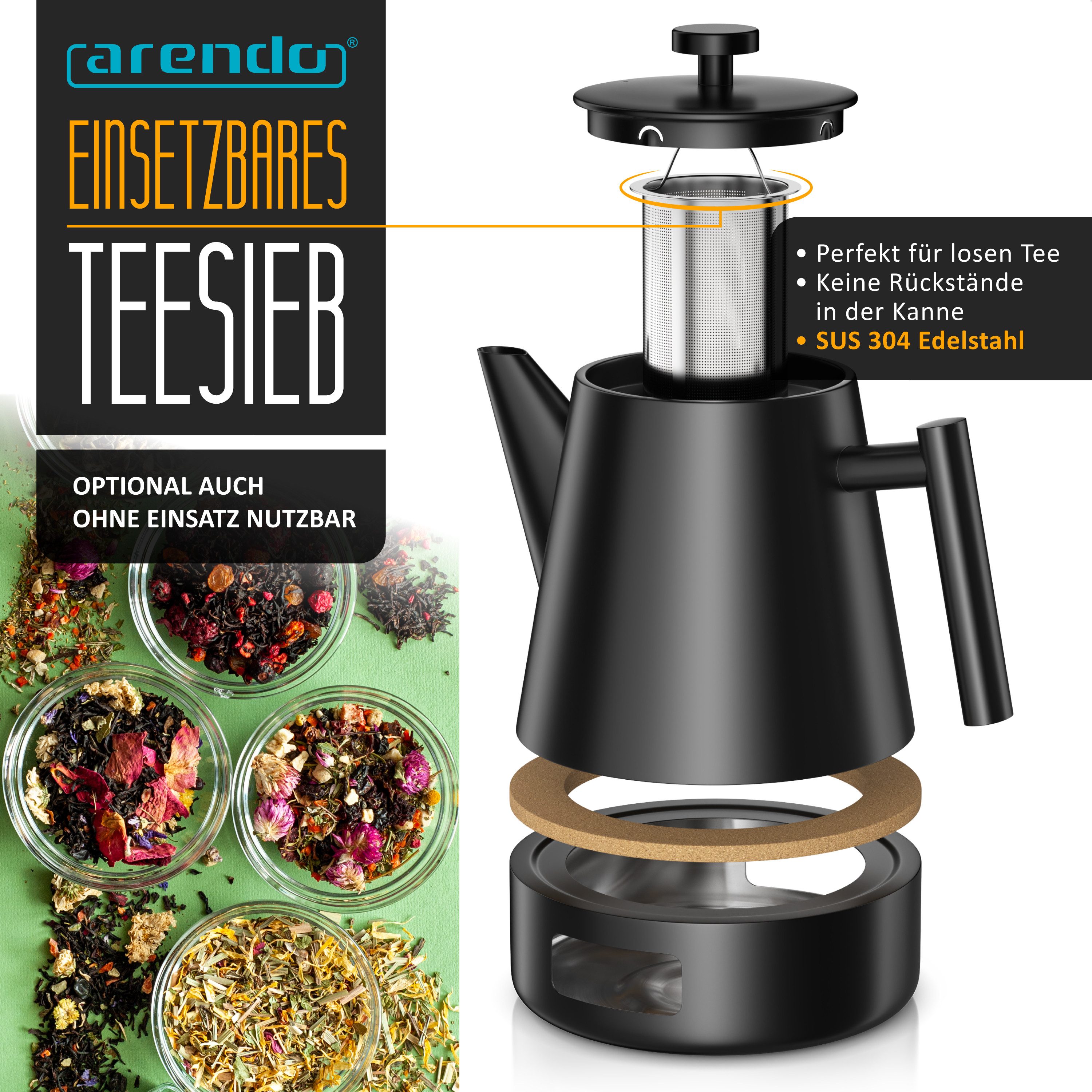 Arendo Teekanne Edelstahl, Siebeinsatz, 1000 ml, mit Griff aus Metall, Isolierkanne, 1 l, (Set, 3-St., Teesieb, Stövchen), Doppelwandige Thermo Isolierung, Kanne mit Teesieb für losen Tee