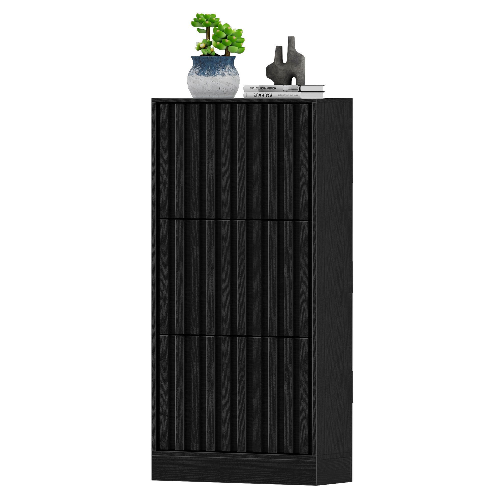 UEV Schuhschrank schmal mit 3 Klappen Holz, moderner Flurschrank Schuhregal 60x24x122cm (Schuhkommode) Schuhkipper mit verstellbaren Trennwänden für Verschiedene Schuhtypen
