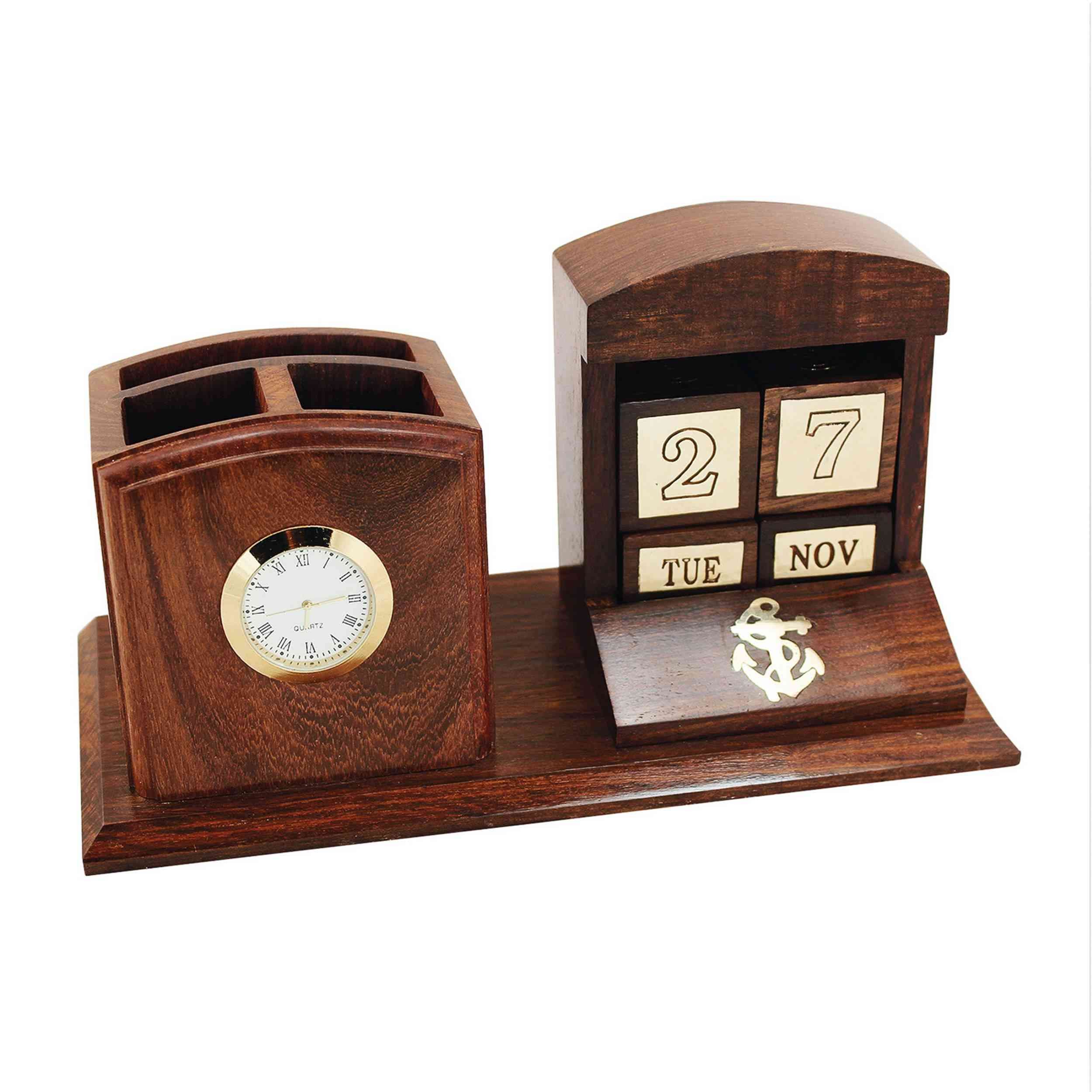 NKlaus Dekofigur Büroset Würfelkalender, Penhalter und Uhr aus Holz/Messing, 22x9x11cm, Made in Germany
