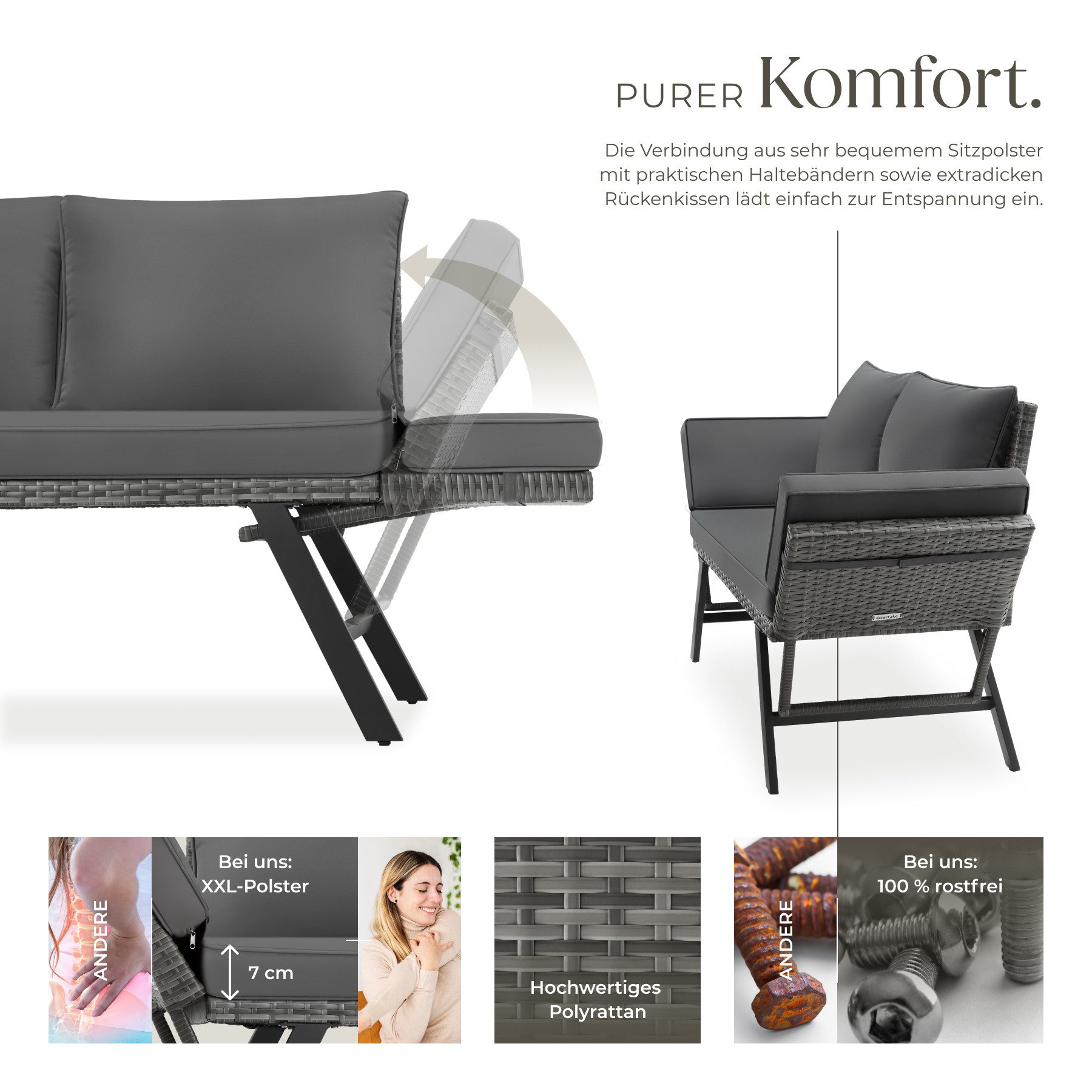 tectake Loungeset Rattan Sitzgruppe, 250 kg Belastbarkeit, höhenverstellbare Füße, (Gartenlounge-set Sintra, 1-tlg., geeignet für Outdoor in Grau), UV-beständiges und wetterfestes Geflecht, Dicke des Sitzpolsters 7 cm