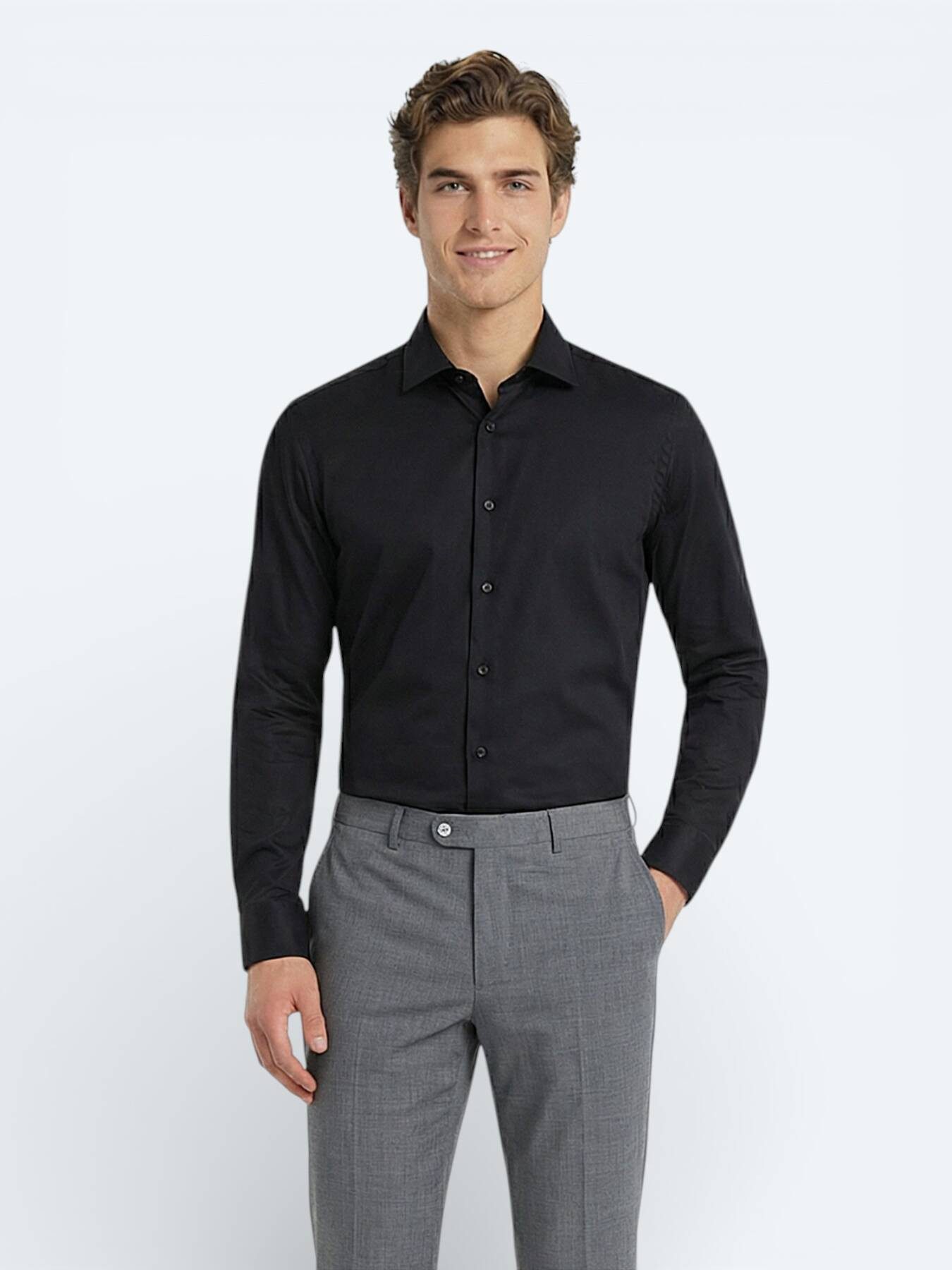KİP Hemdbluse Schwarzes Klassisches Slim Fit Baumwollhemd