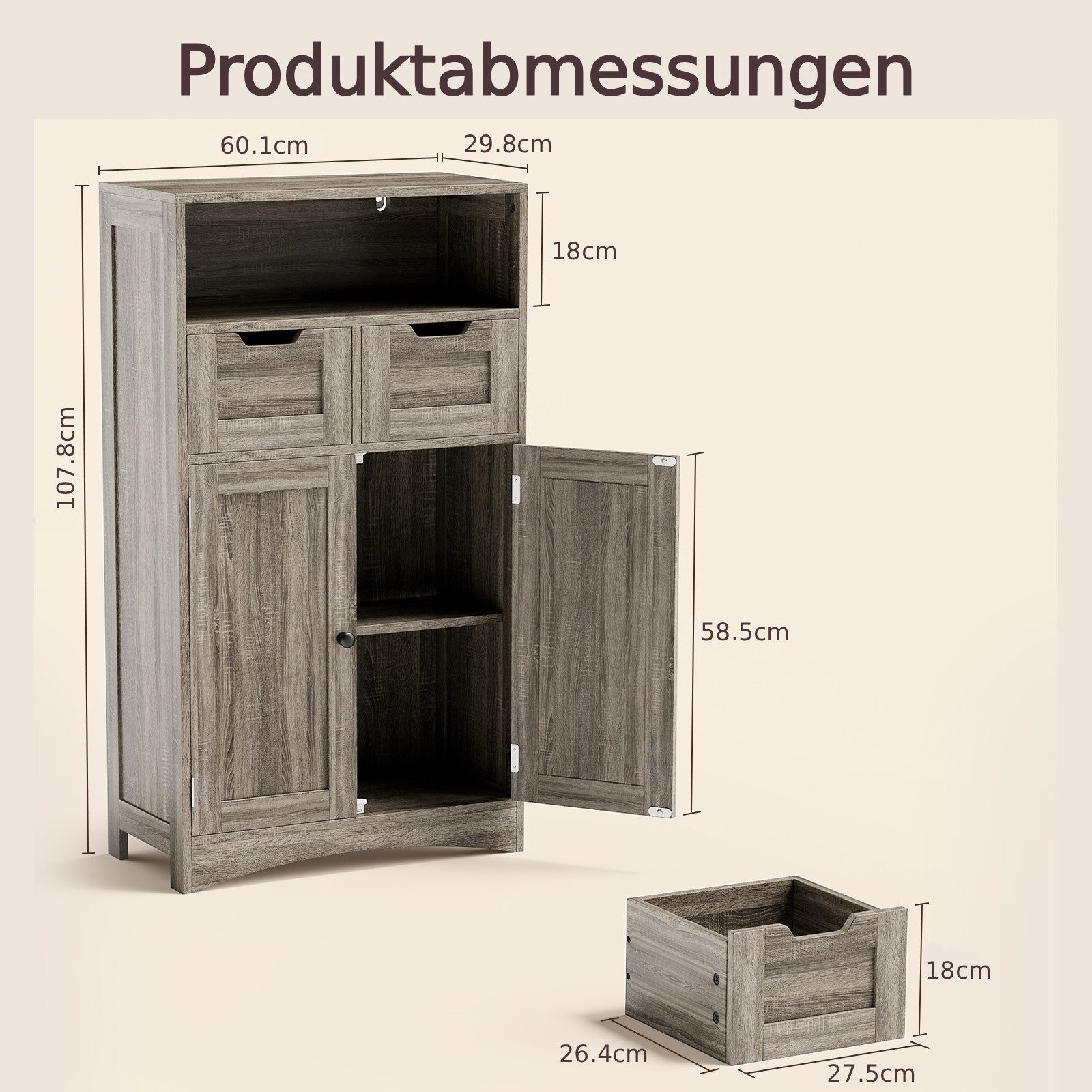 Blishom Badkommode Badezimmerschrank, Badschrank, 60 x 30 x 108 cm
