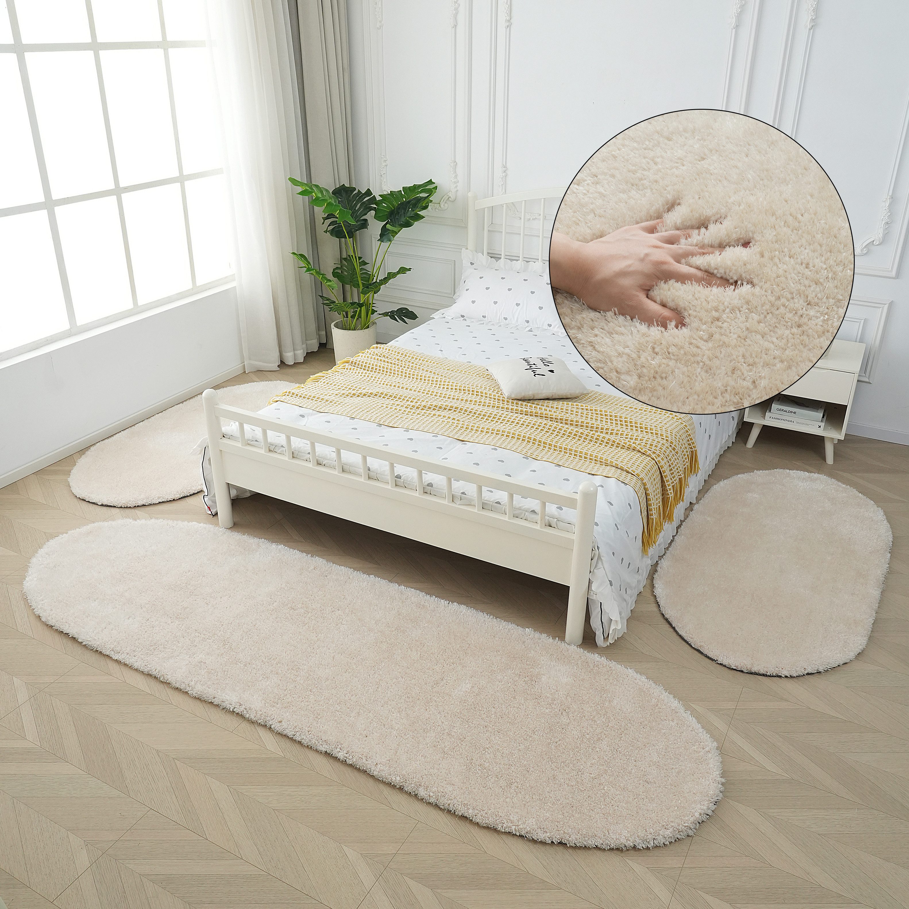 Bruno Banani Hochflor-Bettumrandung Dana Teppich, Kundenliebling, Höhe 30 mm, (3-tlg), unifarben, Mikrofaser, pflegeleicht, Bettvorleger, Schlafzimmer
