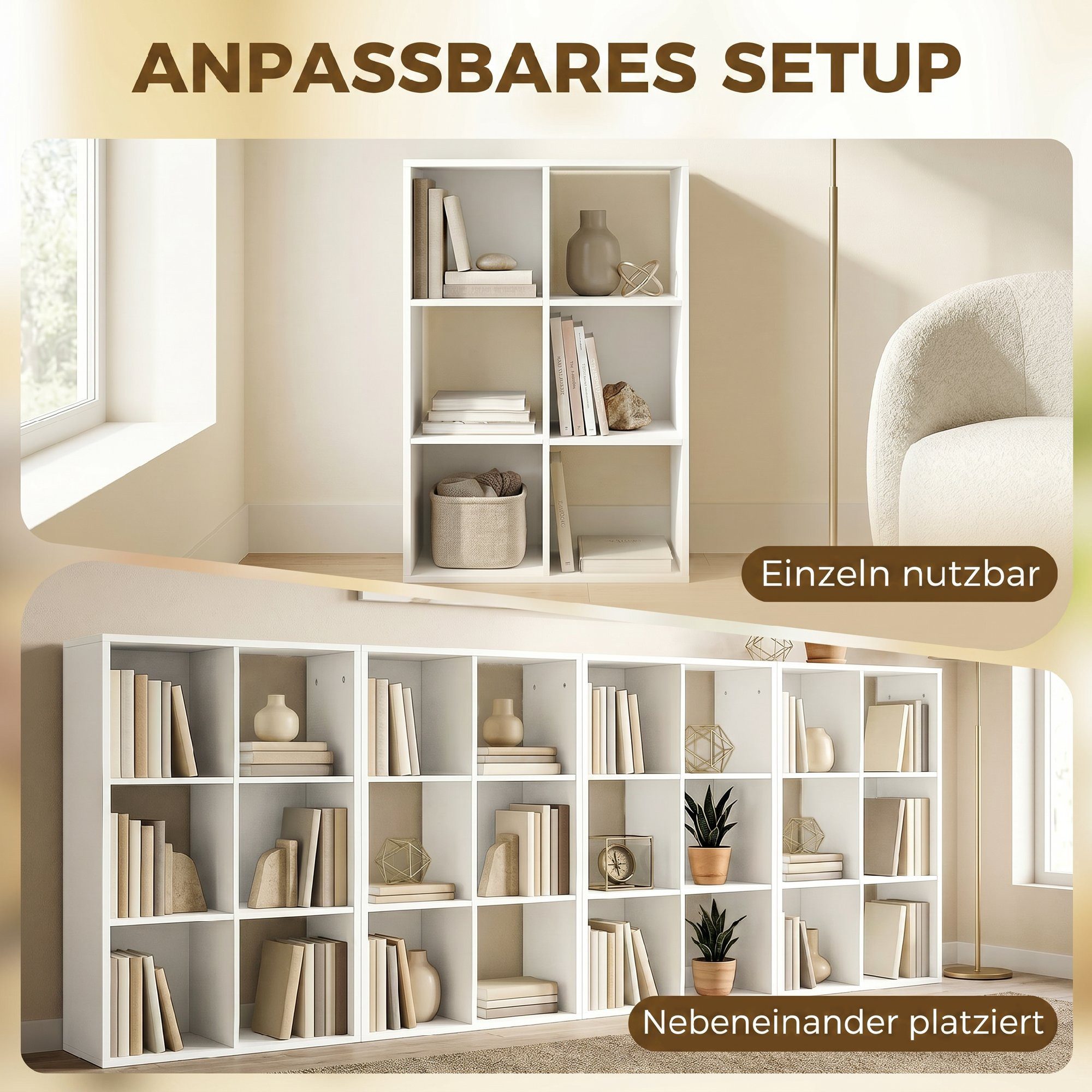 HOMCOM Bücherregal Standregal mit 3 Ebenen Schmal Regal mit Kippschutz Würfelregal, Aufbewahrungsregal 1-tlg., für Wohnzimmer, Schlafzimmer, Büro, Weiß – Bild 5 von 5