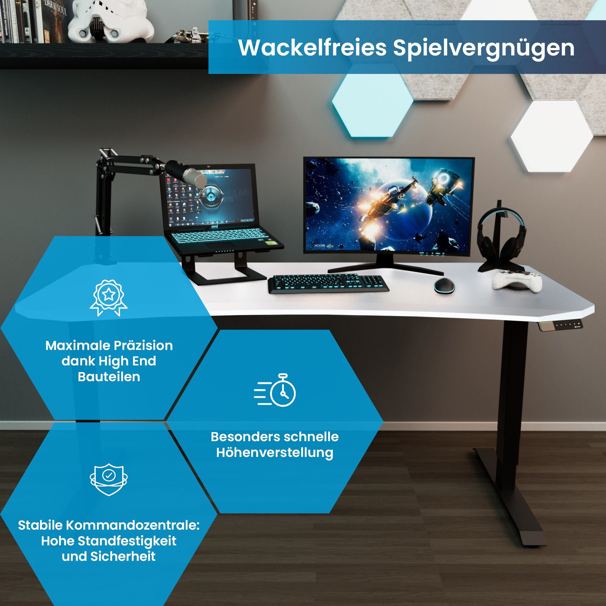 Premium Ergotopia Tisch Curved GG als Setup), Gamingtisch (Gaming Garantie ergonomisches Arctic Desktopia | Gaming Schwarz Jahre Schreibtisch Elektrisch 7 White höhenverstellbarer Gaming