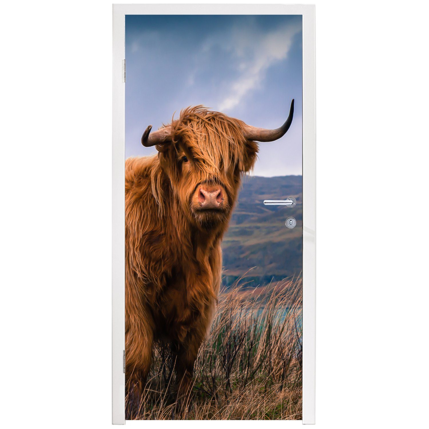 Highlander für - MuchoWow Matt, (1 Fototapete - - Tür, St), Türtapete Kuh, Natur cm bedruckt, Schottischer Wasser - 75x205 Berg Türaufkleber,