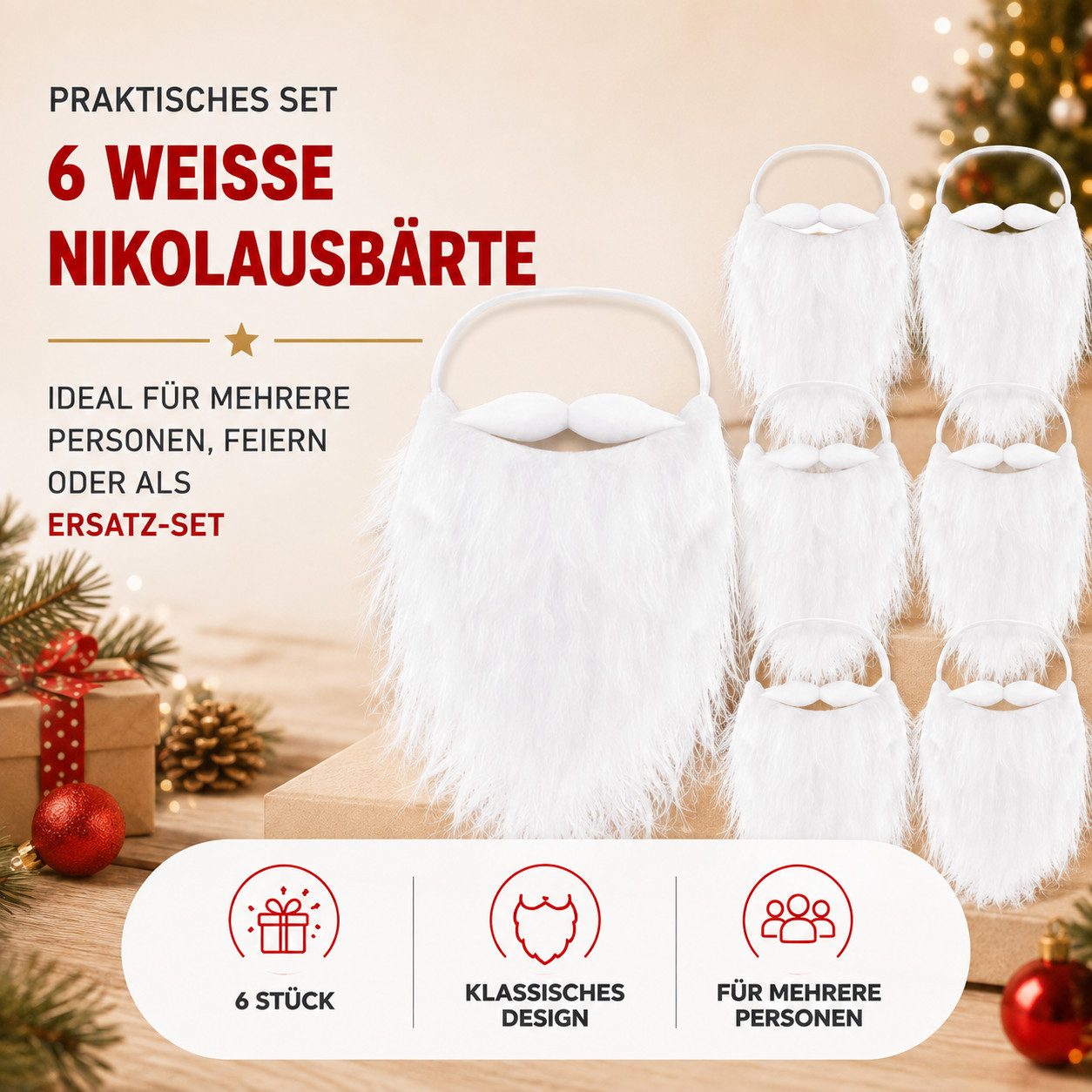Kostümheld® Kostüm 6x Weihnachtsmannbart Nikolausbart Bart weiß - Nikolaus Santa Kostüm, mit Zugband