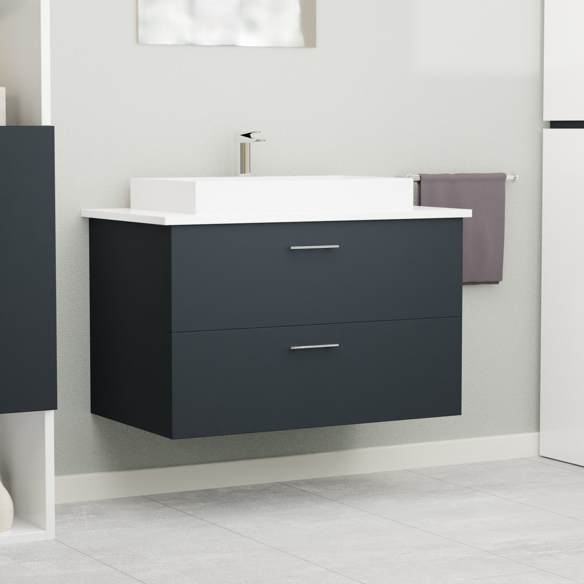 GARLIVO Waschbeckenunterschrank GLA-80 mit Schubladen, Badezimmer Waschtischunterschrank, Schwarz Breite 84 cm, Soft-Close, Push-to-Open/ Tip-On, Hängend