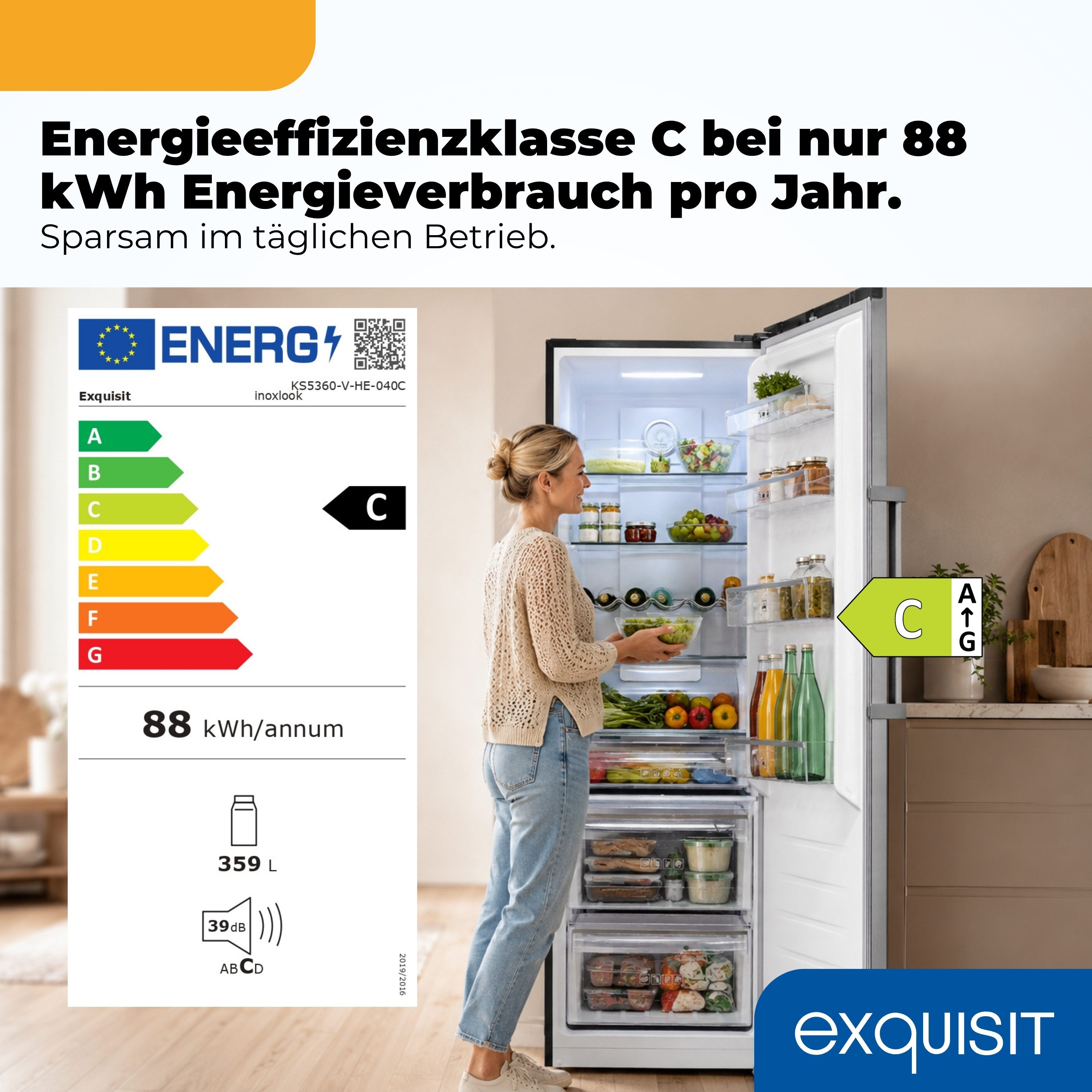 exquisit Vollraumkühlschrank KS5360-V-HE-040C, 185 cm hoch, 60 cm breit, 359 l Nutzinhalt, LED Beleuchtung, 4 Ablagen, Energieklasse C