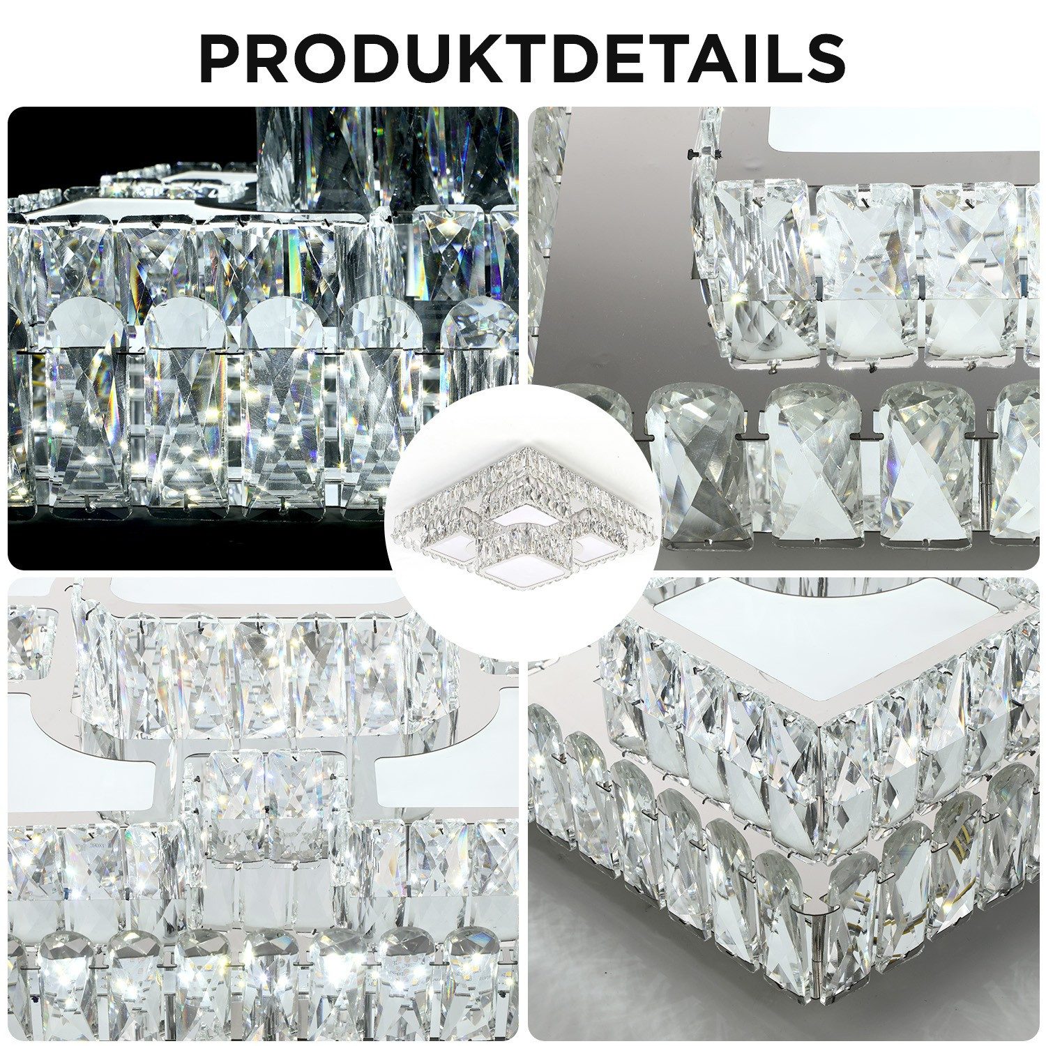 oyajia LED Deckenleuchte 60W LED Deckenleuchte Kristall K9 Edelstahl mit Fernbedienung dimmba, LED fest integriert, warmweiß, kaltweiß, neutralweiß, Lichtfarbe und Helligkeit mit Fernbedienung, 50x50x20cm