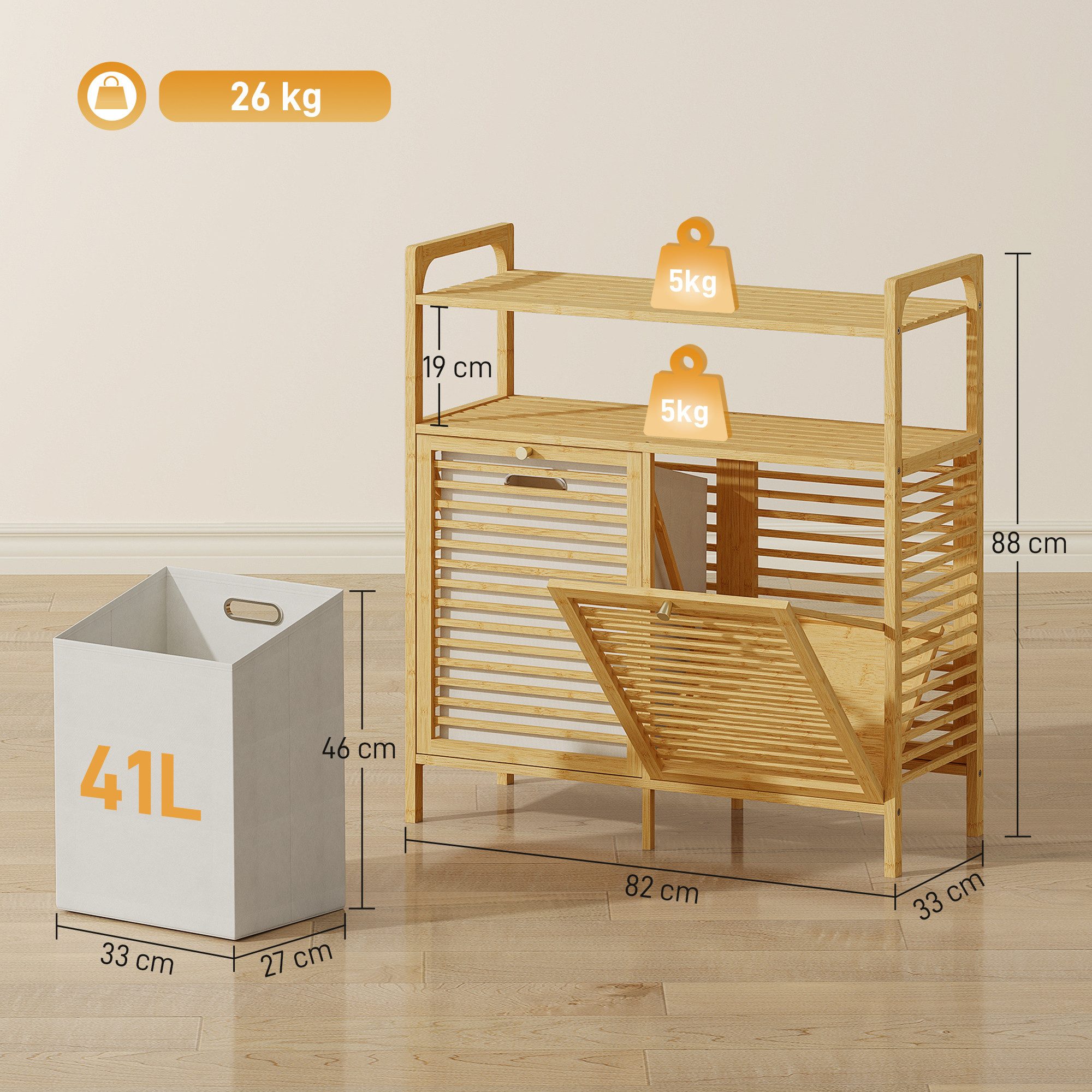 HOMCOM Wäschekorb Wäscheschrank, freistehendes Bambusregal mit 2 Fächern (Wäschesammler, 1 St., Badmöbel), für Badezimmer, Naturholz
