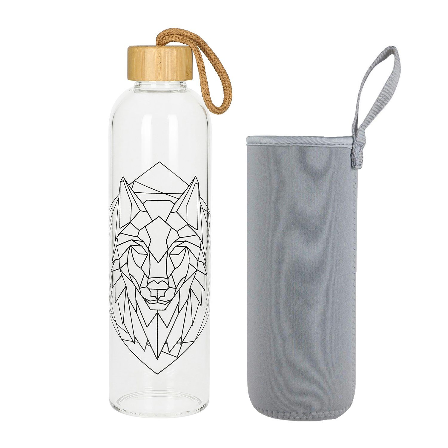 elasto Trinkflasche 1 L Wasserflasche Bamboo Glasflsache inklusive Neoprentasche, Sportflasche, Für Unterwegs, Bottle, Schule und Arbeit, Kautschukhülle