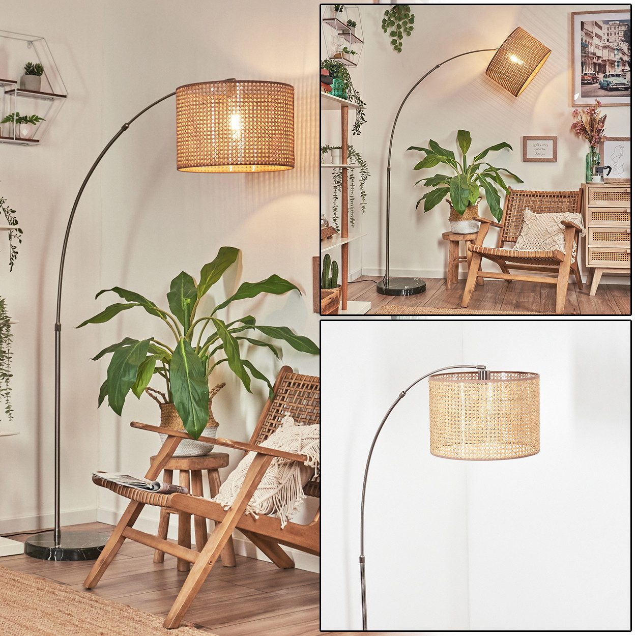 hofstein Bogenlampe Stehlampe Metall/Rattan/Wienergeflecht in Nickel/Schwarz/Natur/Braun, Stehleuchte im Boho-Design mit Marmorfuß u. Fußschalter (40 cm), E27