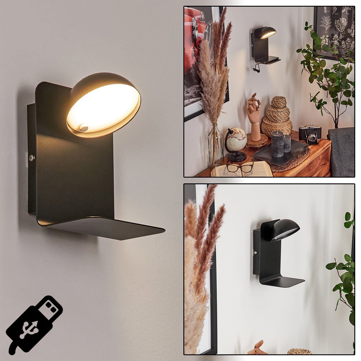 hofstein Wandleuchte »Controguerra« Wandlampe aus Kelvin, mit LED, in 300 Ausschalter Lumen, An-/ u. Metall Ablage USB-Anschluss, Schwarz 4000