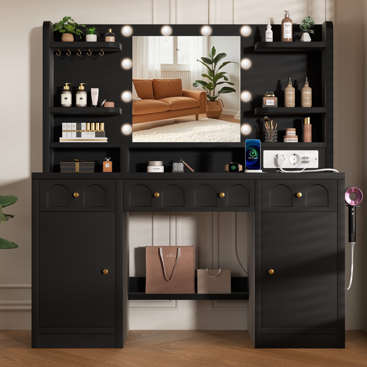 Lexzurn Schminktisch Schminktisch mit LED-Beleuchtung, großem hochauflösendem Spiegel (mit Steckdose und USB-Ports,10 offene Fächer,3 Schubladen, 2 Schränke,5 Schmuckhaken,10 LED-Leuchten, 3 Lichtfarben), Maße: 107 × 40 × 140 cm. Leise laufende Schienen, Kippschutz.