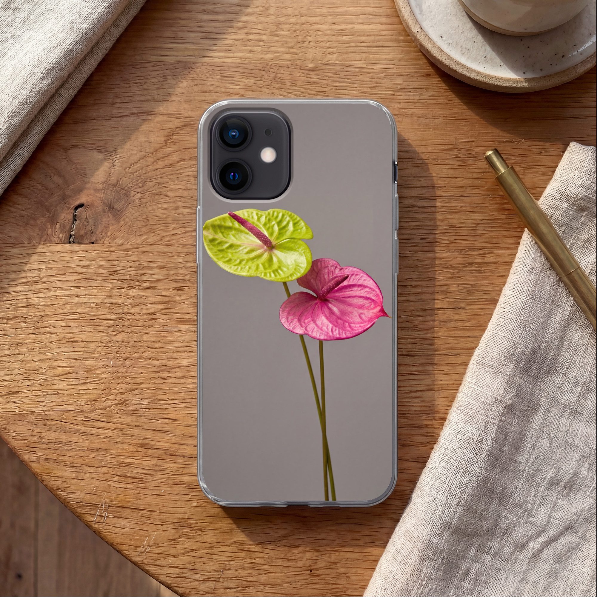 MuchoWow Handyhülle für Apple iPhone 12 Pro Pflanzen - Anthurium - Grün - Rosa, Smartphone-Bumper, Print, Handy Schutzhülle Dünn
