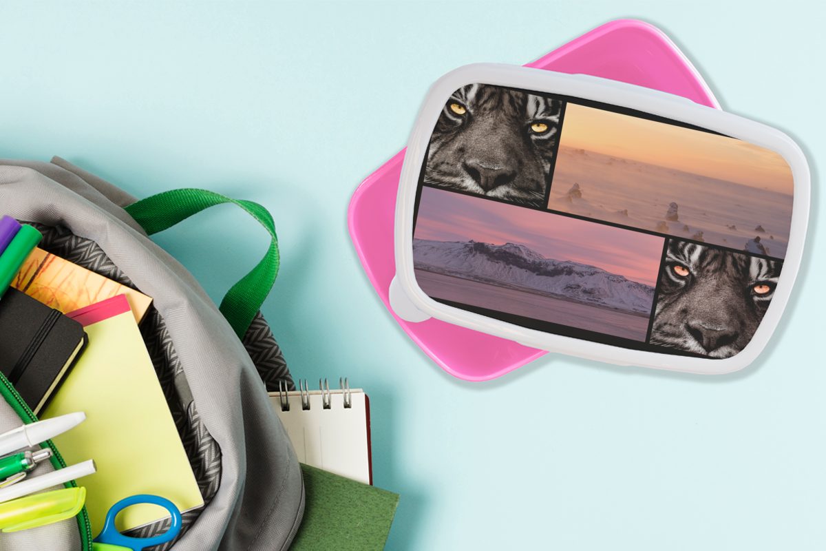 MuchoWow Lunchbox Brotdose - Tiger für Kunststoff Erwachsene, Natur Sonnenuntergang, rosa Kunststoff, - Kinder, Collage (2-tlg), Brotbox Mädchen, - Snackbox