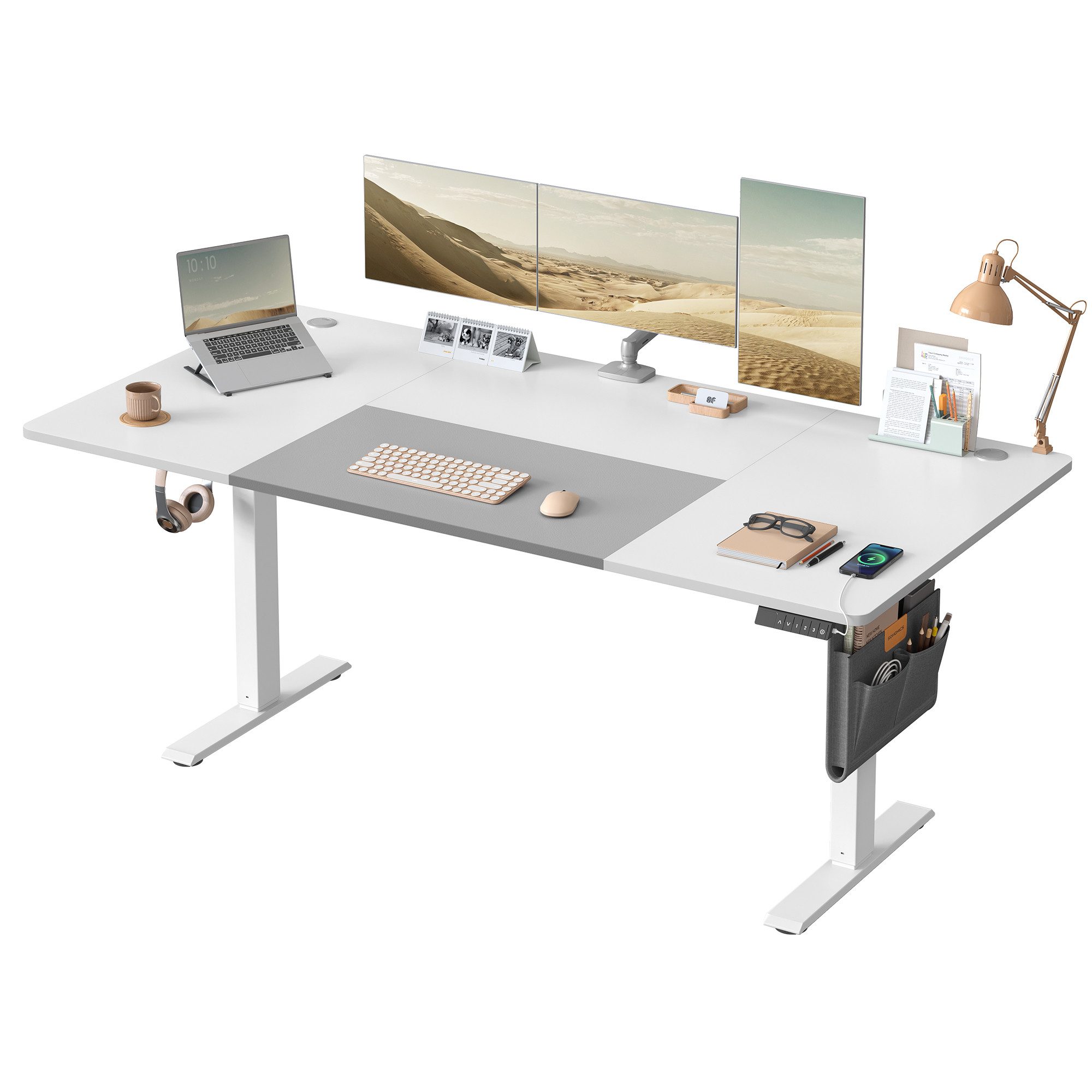 SONGMICS Schreibtisch Höhenverstellbarer elektrisch, USB-C-Anschluss (mit Stoff- Organizer), stufenlos verstellbar, Memory-Funktion mit 4 Höhen, 120/140/160/180 cm