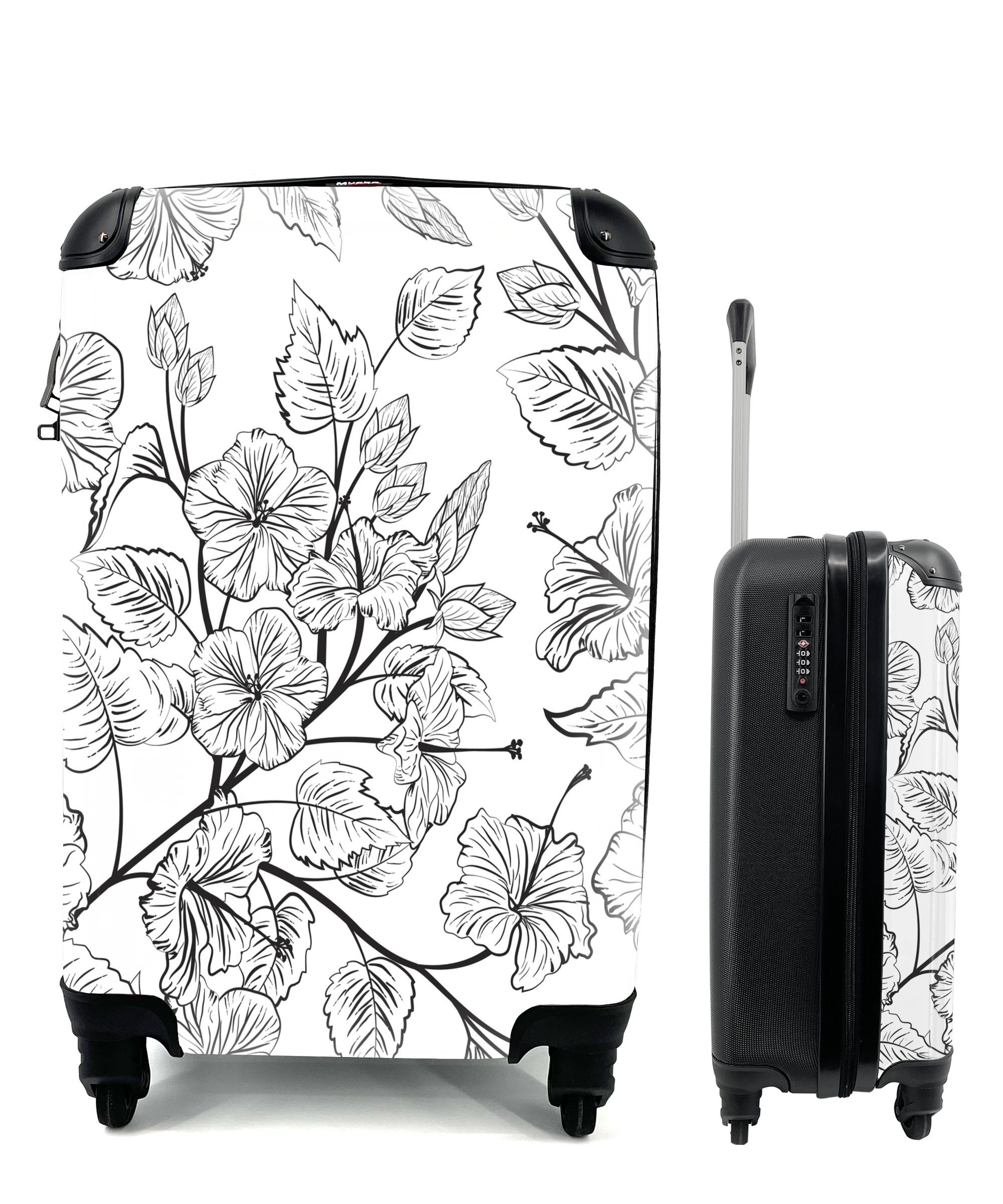 MuchoWow Handgepäckkoffer Eine schwarz-weiße Illustration eines Blumenmusters, 4 Rollen, Reisetasche mit rollen, Handgepäck für Ferien, Trolley, Reisekoffer
