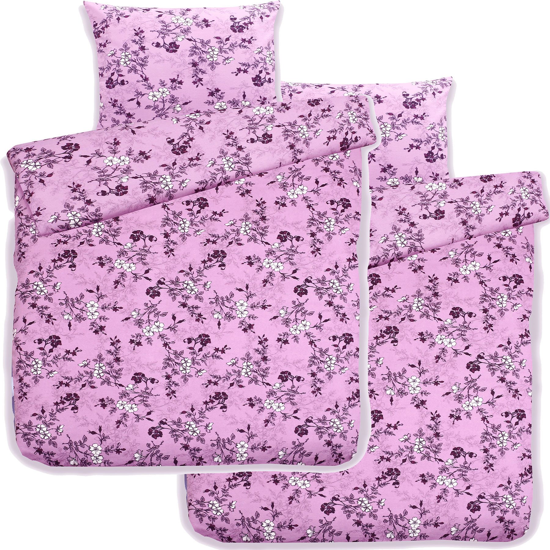 KH-Haushaltshandel Bettwäsche 4-tlg. Biber Winter Bettwäsche 2x(135x200 + 80x80cm), Blütenmuster, Biber, 4 teilig, flieder, flauschig weich, warm, Baumwoll Mischgewebe