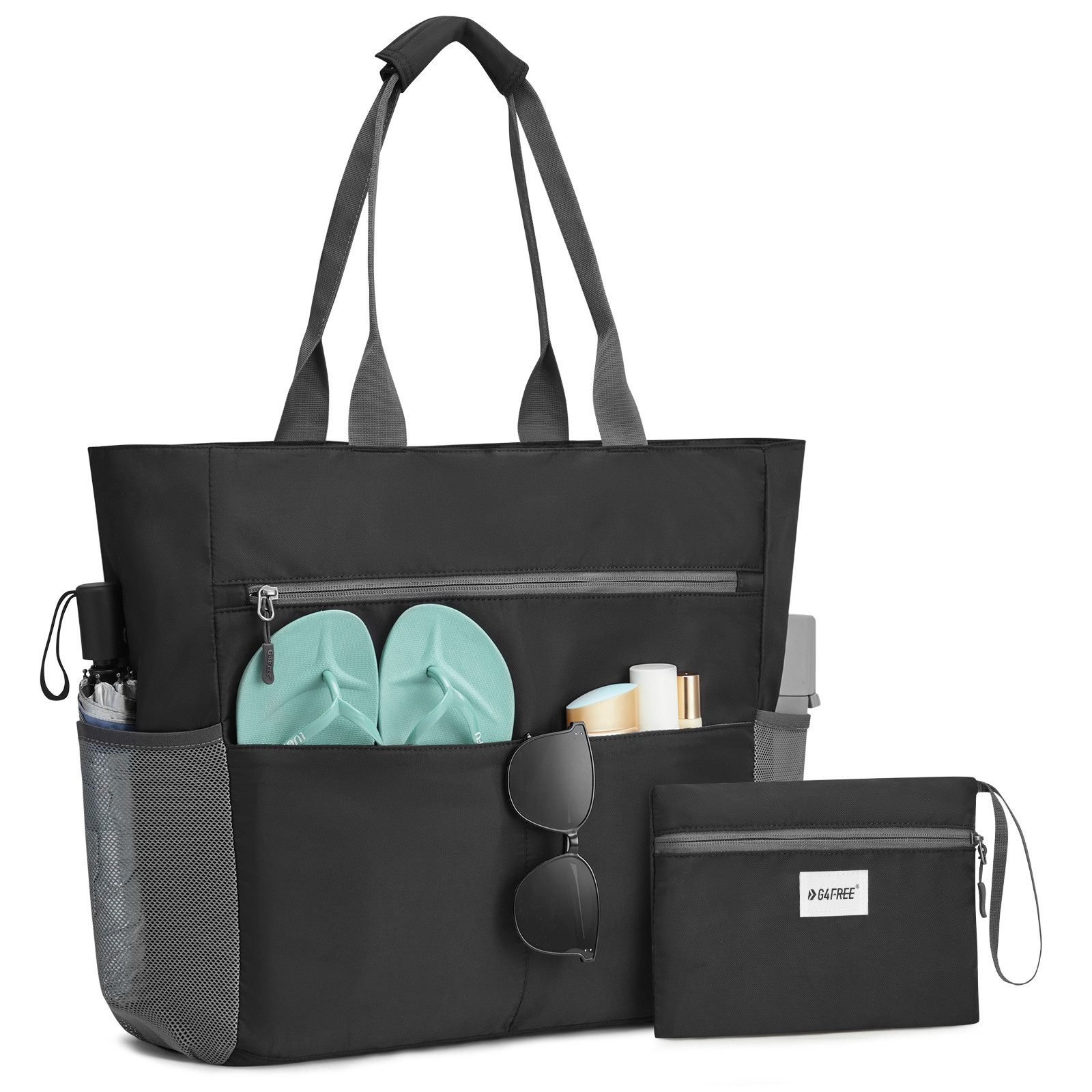 G4Free Strandtasche Strandtasche wasserdichte Handtasche sanddichte Freizeittasche, Tragetasche groß Reisetaschen faltbar für Frauen Praktische Aufteilung