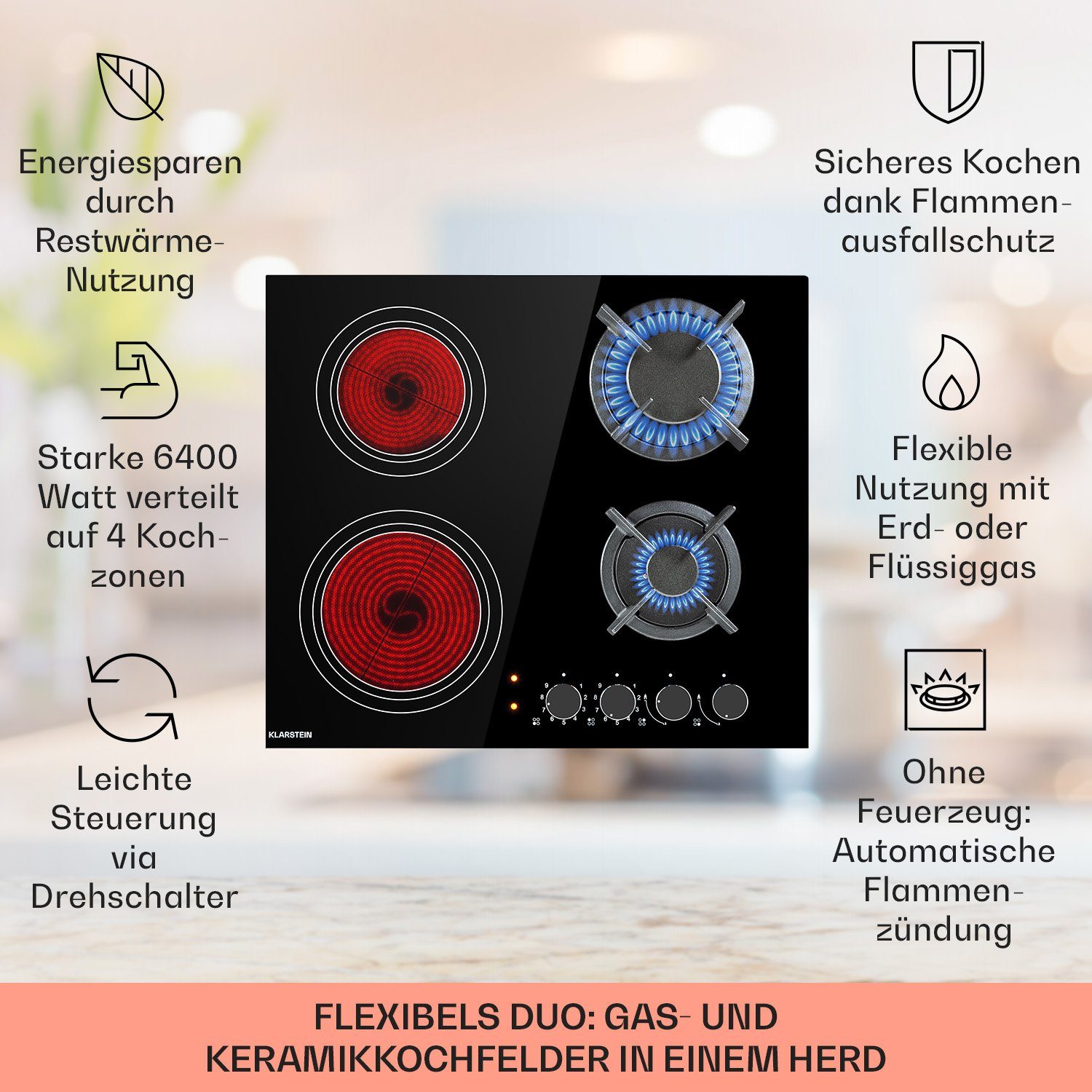 Klarstein Gas-Kochfeld MultiChef, 4 Kombi Multi Kochfelder Gaskochfelder 2 Brenner