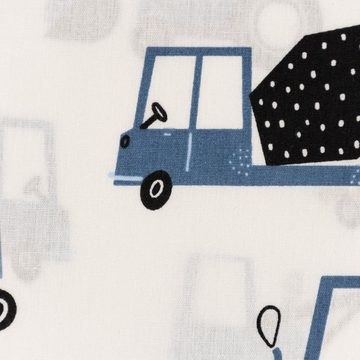 SCHÖNER LEBEN. Stoff Baumwollstoff Popeline Kinderstoff Baufahrzeuge weiß blau 1,50m, allergikergeeignet