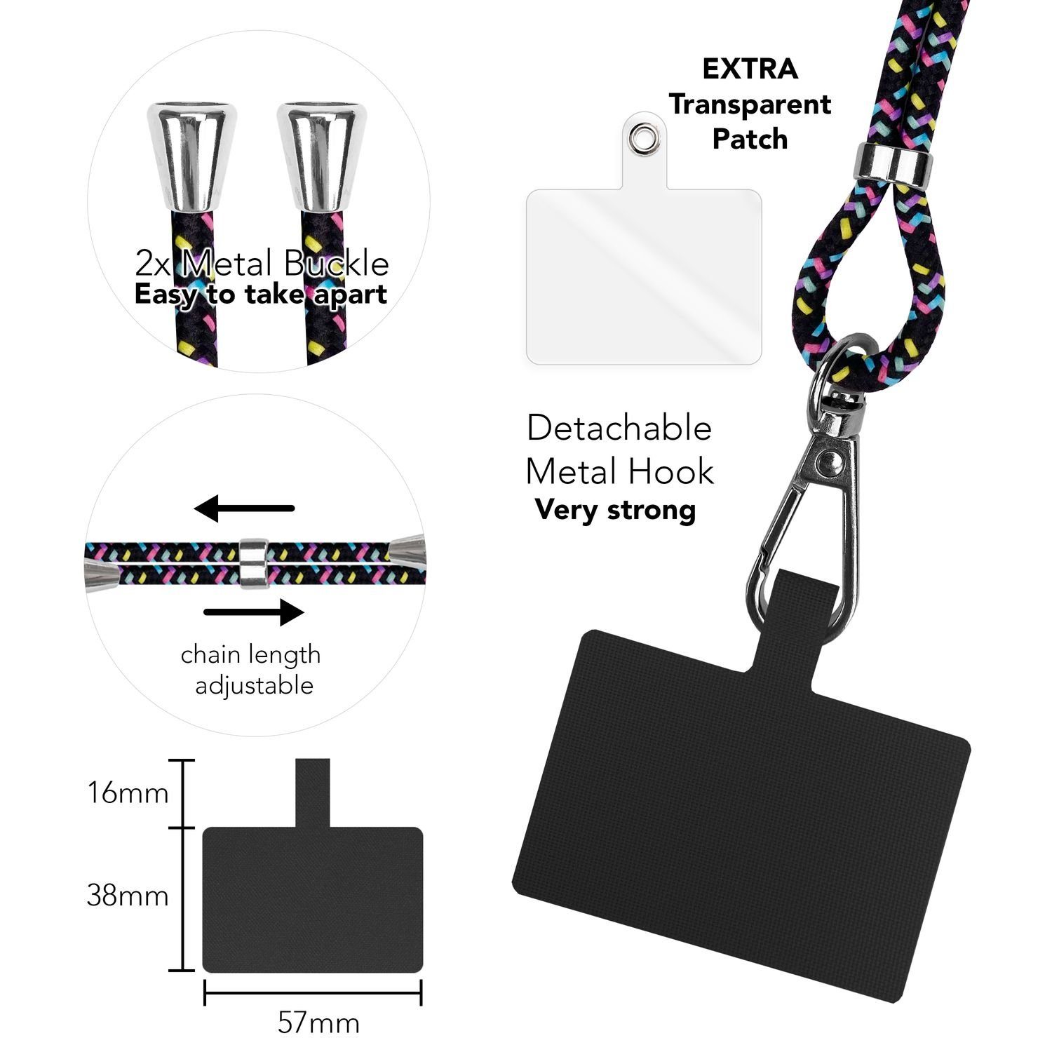 Nalia Handykette Universal Smartphone, Buntes Handy Band zum Umhängen mit Pad / 160 cm Schlüsselband Lanyard