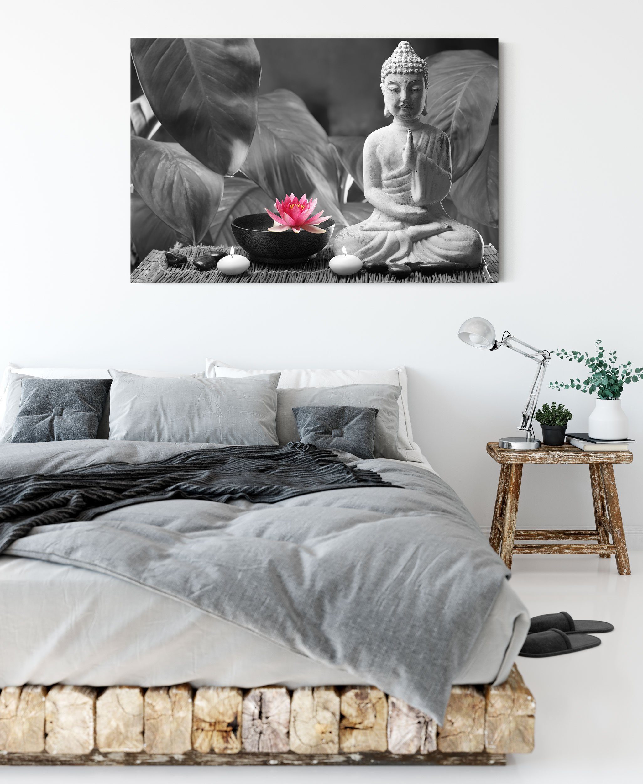 bespannt, Leinwandbild St), Pixxprint Leinwandbild Zackenaufhänger inkl. Buddha fertig Seerose (1 Seerose, Buddha mit mit