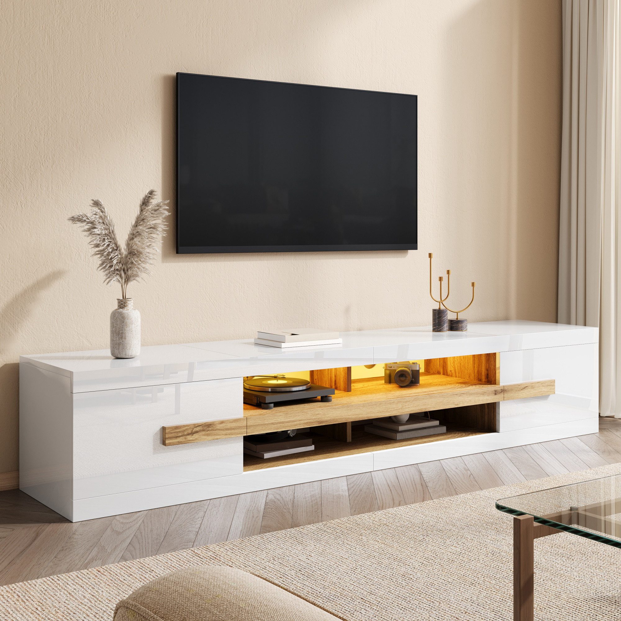 Merax Lowboard mit LED-Beleuchtung, TV-Möbel, 200 x 40 x 38 cm (1 St), TV-Schrank mit 2 Türen, offene Fächer & Stauraum